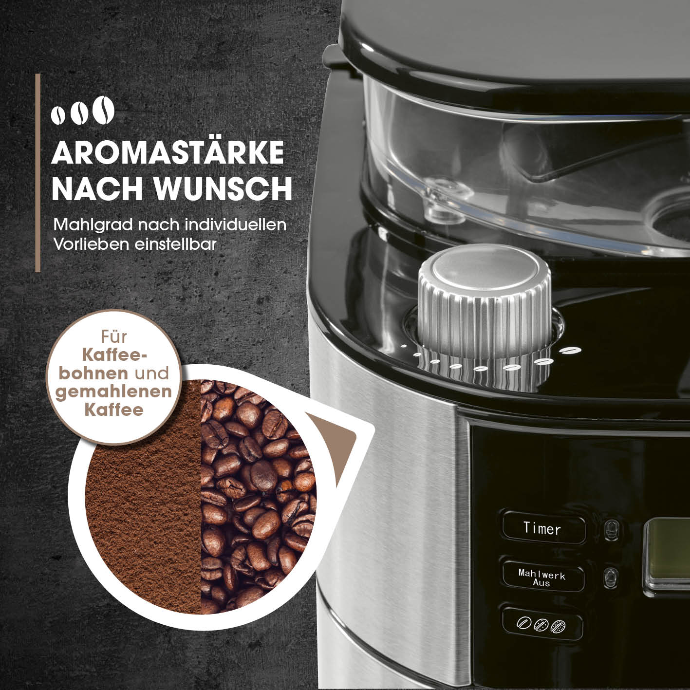 Kaffeemaschine mit Mahlwerk mit einstellbarer Aromastärke und Mahlgrad für frischen Kaffee mit Kaffeebohnen oder gemahlenem Kaffee.