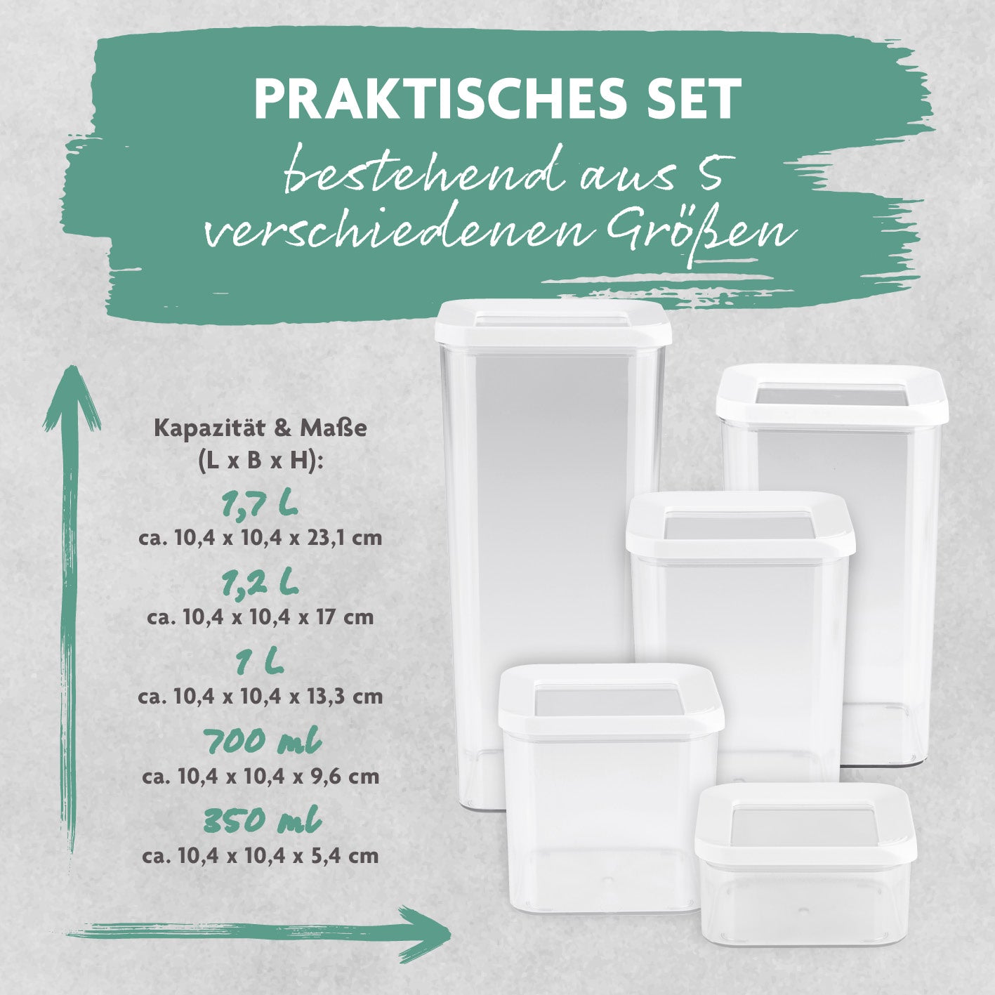 Vorratsbehälter 10-tlg. - weiß, luftdicht, stapelbar, in 5 Größen für platzsparende und frische Lebensmittelaufbewahrung.