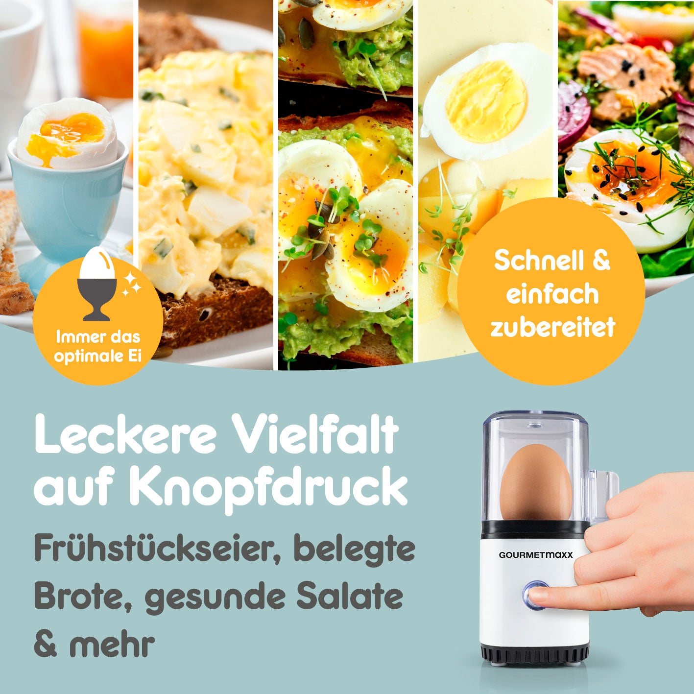 Design-Eierkocher 1 Ei - Weiß zeigt vielseitige Ei-Gerichte, schnell und einfach perfekt gekocht per Knopfdruck zubereitet.