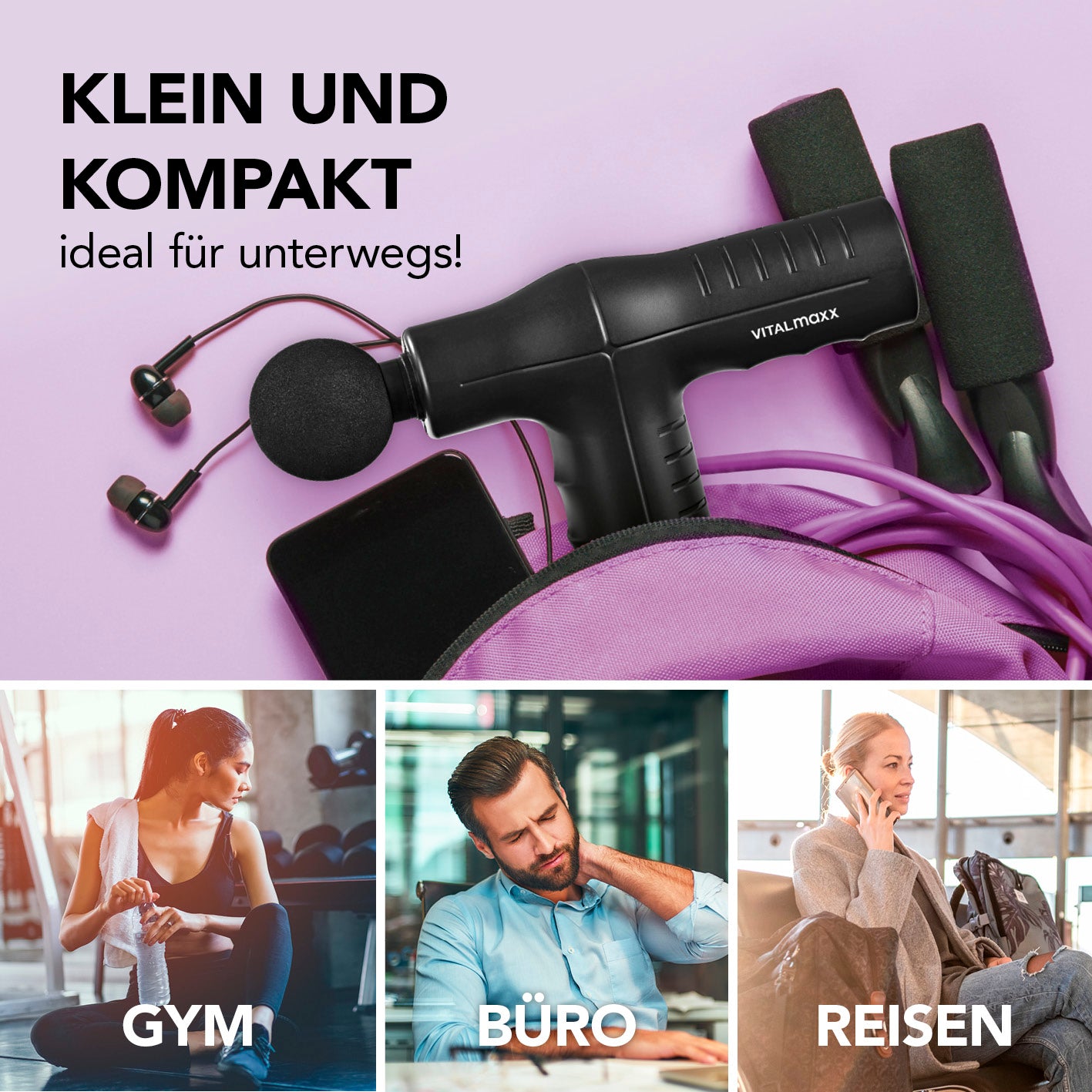 Mini-Massage Gun Smart Grip - schwarz, kompakt und ergonomisch für effektive Massage unterwegs, im Büro und beim Reisen.