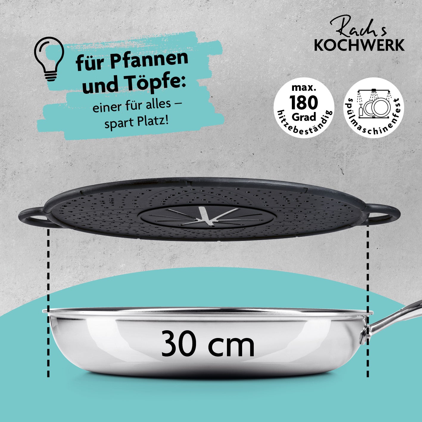 Silikon Spritzschutz 4-in-1 Ø 30 cm für Pfannen, hitzebeständig bis 180 °C, spülmaschinenfest, multifunktional und platzsparend.