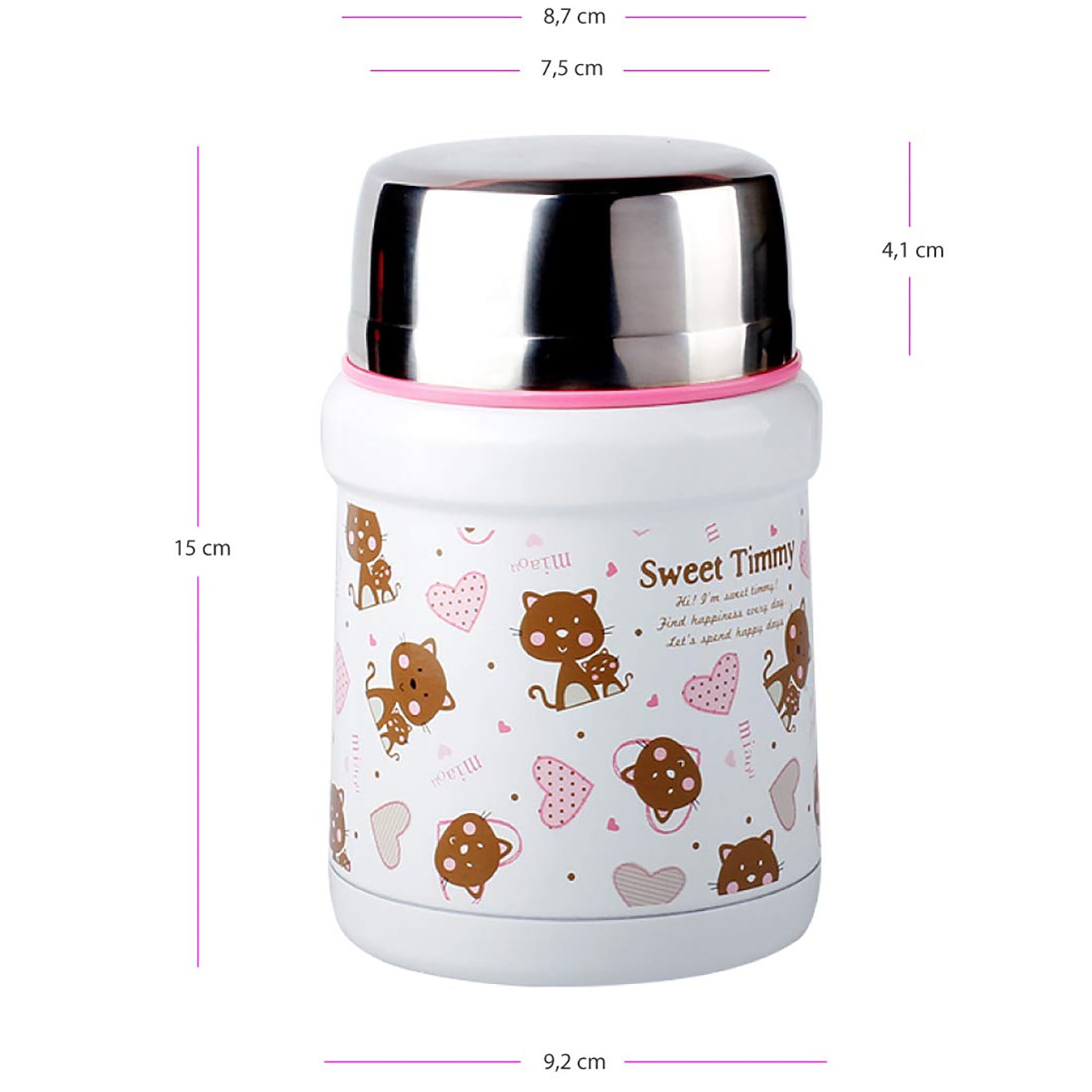 Thermobehälter 450 ml - Katzen/Rosa, doppelwandiger Edelstahl, hält Speisen 12 h warm, auslaufsicher und mit Löffel im Deckel.