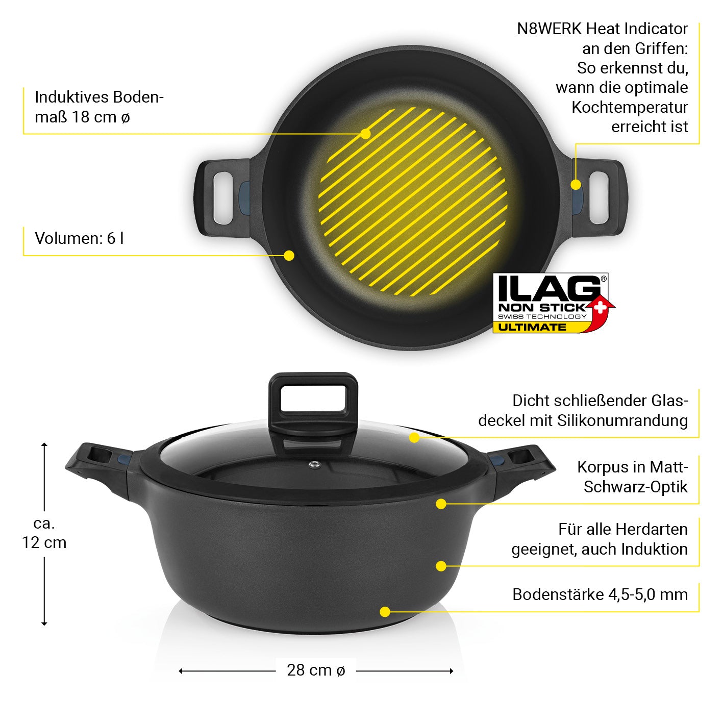 Aluguss-Kochtopf in der Midnight Edition - 28 cm, antihaftbeschichtet, hitzeanzeigend, induktionsgeeignet, matt-schwarzer Korpus, Glasdeckel.