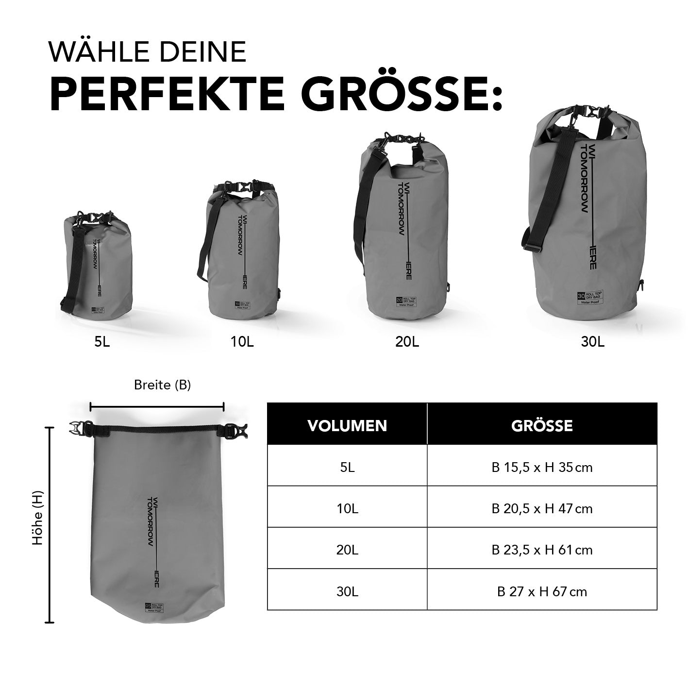 Dry Bag 10L - Style 02 - Grau, wasserfester Rucksack mit Rolltop, verstellbarem Schultergurt und robusten Schnallen für Outdoor-Aktivitäten.