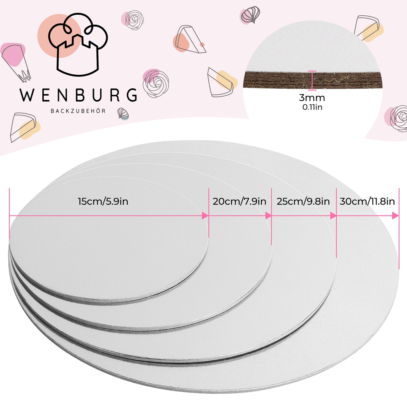 Premium Tortenunterlagen 4er-Set - Gold & Siber mit 3mm Stärke, robust, wiederverwendbar und rutschfest für Torten bis 30cm Durchmesser.