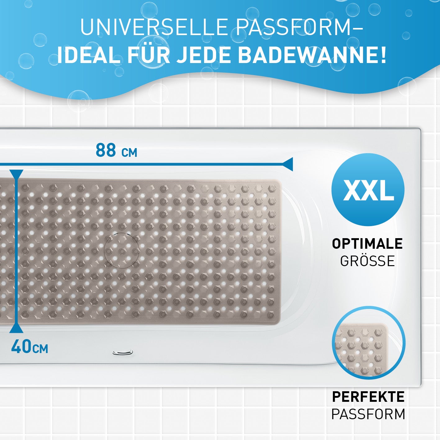 Badewannenmatte 88 x 40 cm – Hellgrau mit Anti-Rutsch-Struktur, Saugnäpfen und optimaler Größe für sicheren Halt in jeder Badewanne.