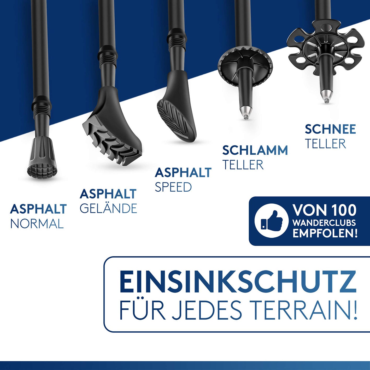 Teleskop Wanderstöcke mit Gummipuffer Set - Carbon mit verschiedenen Aufsätzen für Asphalt, Schlamm, Schnee und Gelände, einsinkschutz garantiert.