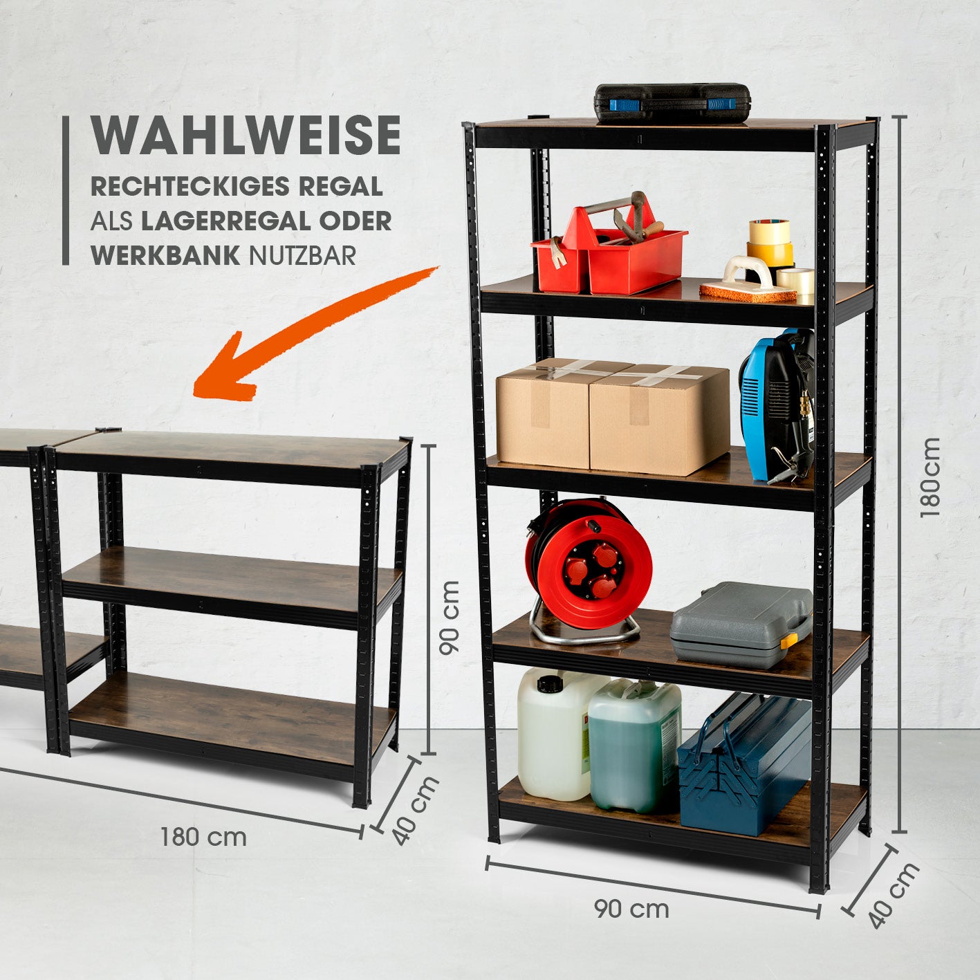 2 in 1 Schwerlastregal & Werkbank - 180 x 90 x 40 cm - Schwarz als Regal oder Werkbank nutzbar, mit stabiler Metallkonstruktion und MDF-Platten.