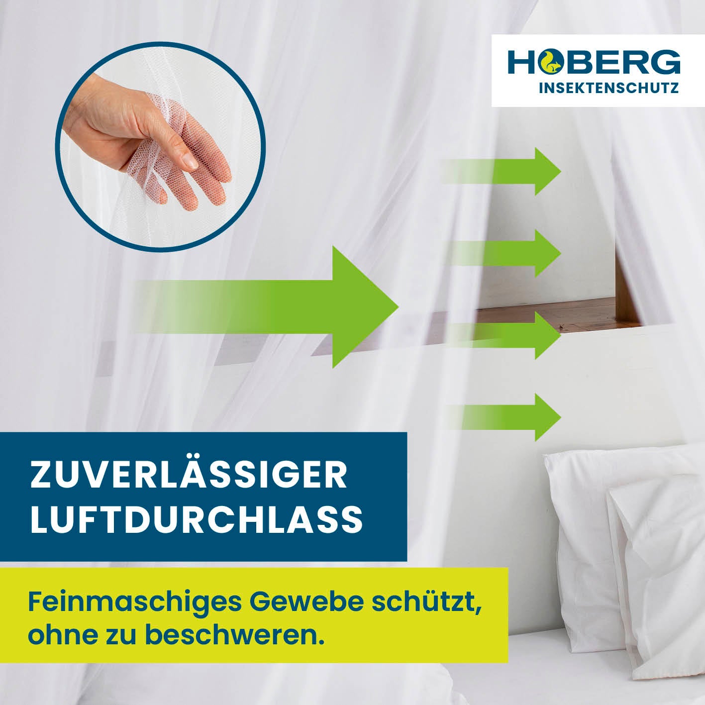 Insekten-Baldachin von HOBERG mit feinmaschigem, luftdurchlässigem Gewebe für effektiven Mückenschutz am Bett.