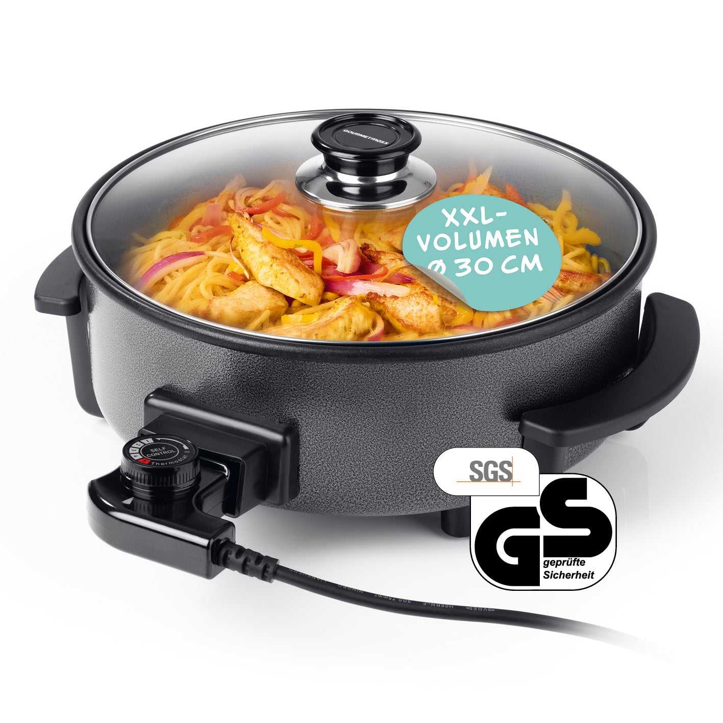 Elektrische Partypfanne - Ø 30 cm mit Glasdeckel, 5-Stufen-Thermostat und Antihaftbeschichtung für vielseitiges Kochen.