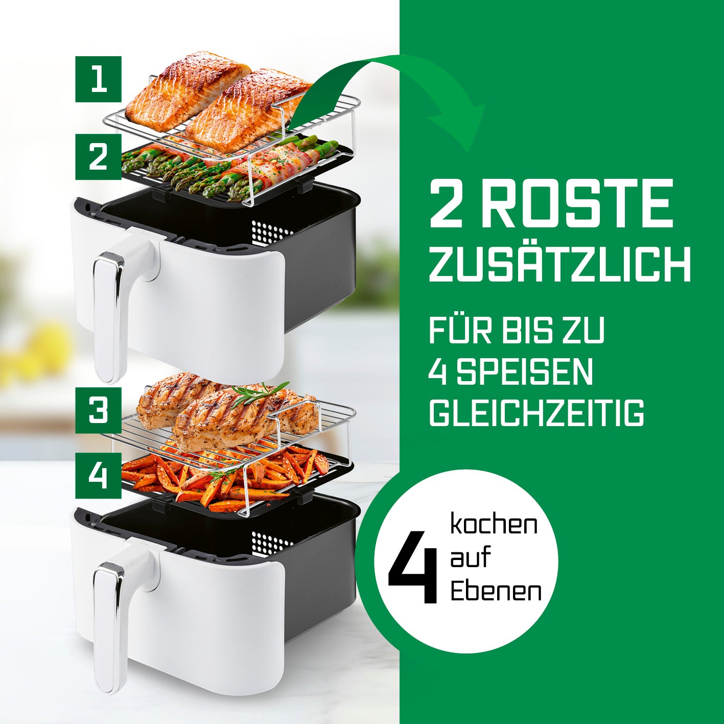 FryUp Vertikale Doppelkammer-Heißluftfritteuse - Weiß mit 2 Rosten für bis zu 4 Speisen gleichzeitig auf 4 Ebenen kochen.