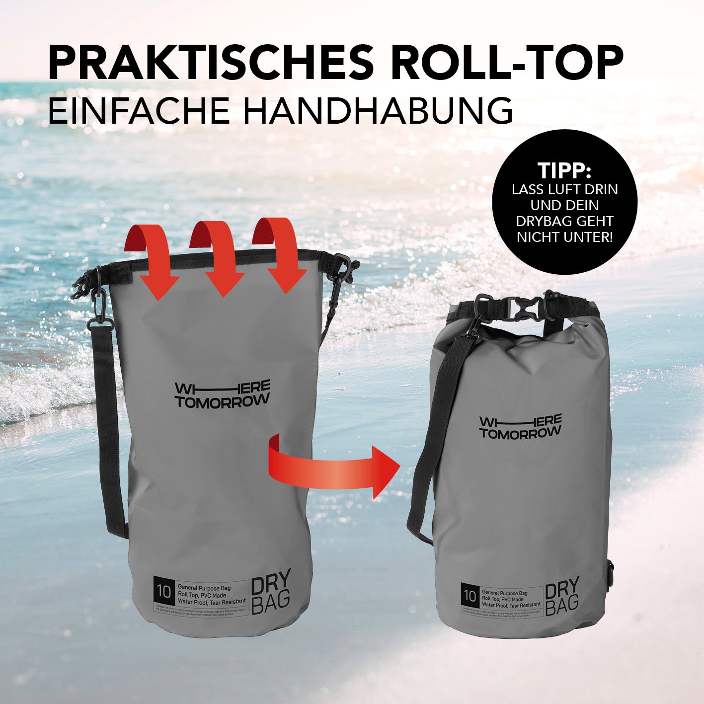 Dry Bag 10L - Style 01 - Grau mit wasserdichtem Rolltop, verstellbarem Schultergurt und robustem UV-Schutz für Outdoor-Abenteuer.
