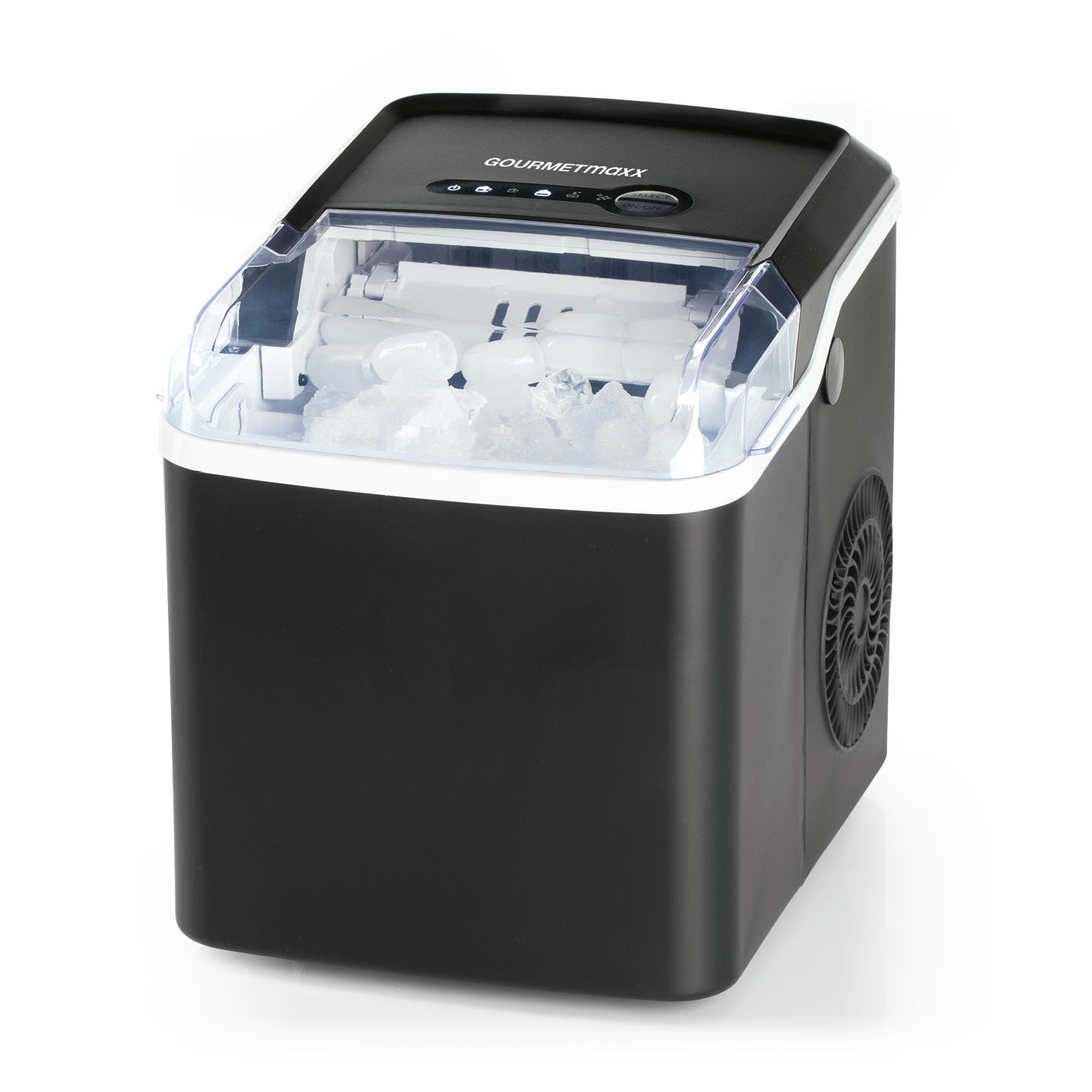 Eiswürfelbereiter mit 1,3-L-Wassertank, zwei Eiswürfelgrößen und herausnehmbarem Behälter für ca. 600 g Eiswürfel.