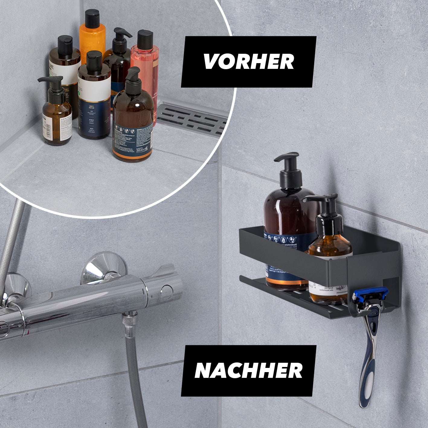 Dusch-Organizer zum Kleben oder Bohren - Schwarz mit Wasserrillen und Hakenleiste für Shampoo und Duschgel, platzsparend und rostfrei.