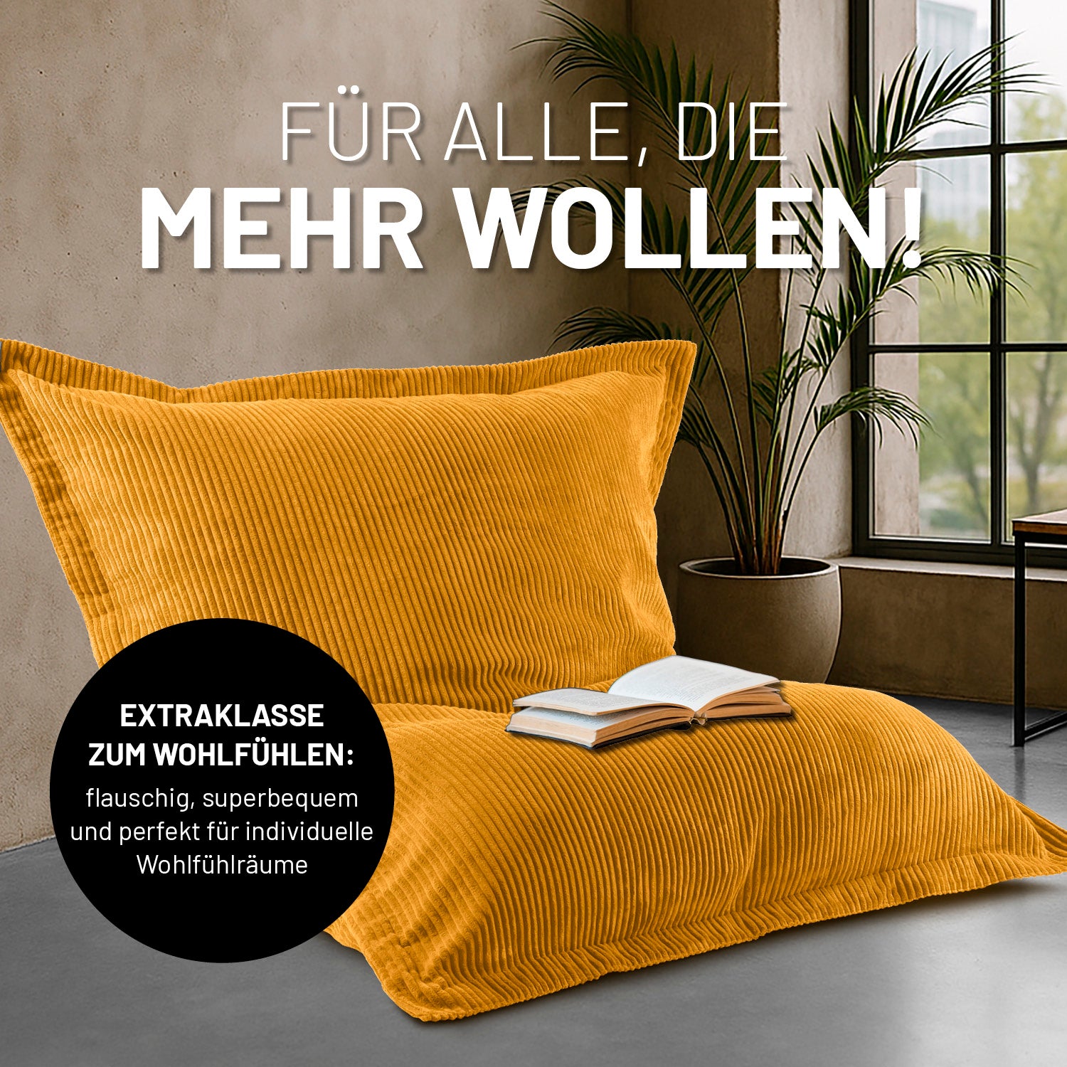 Sitzsack Classic XXL aus der LUMALAND Cord-Reihe 380 L Senfgelb mit kuscheligem Cord-Bezug und modernem Design für gemütliche Wohnräume