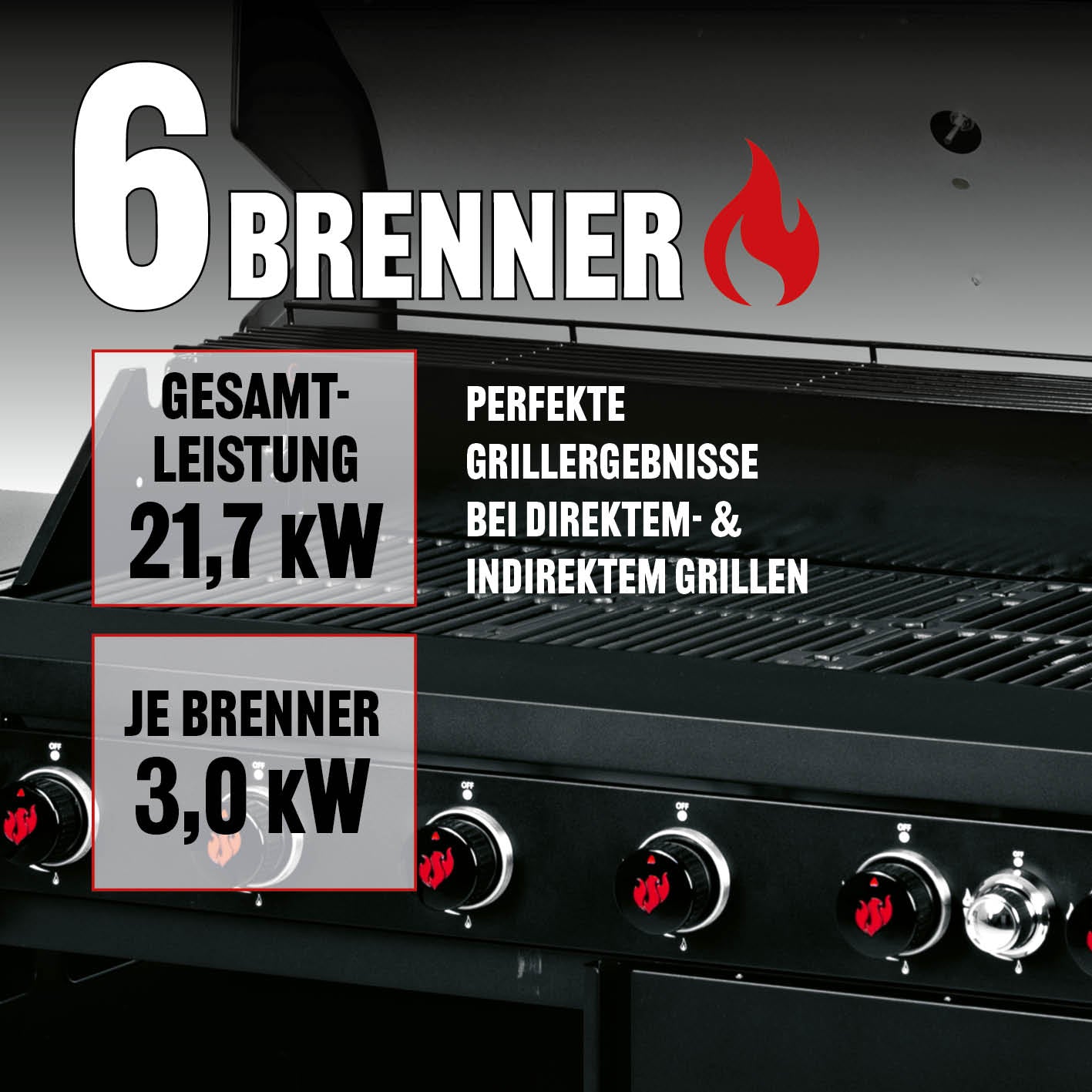 Gasgrill 6.1 mit 6 Brennern je 3,0 kW, Gesamtleistung 21,7 kW für perfekte Grillresultate bei Direkt- und Indirektgrillen.