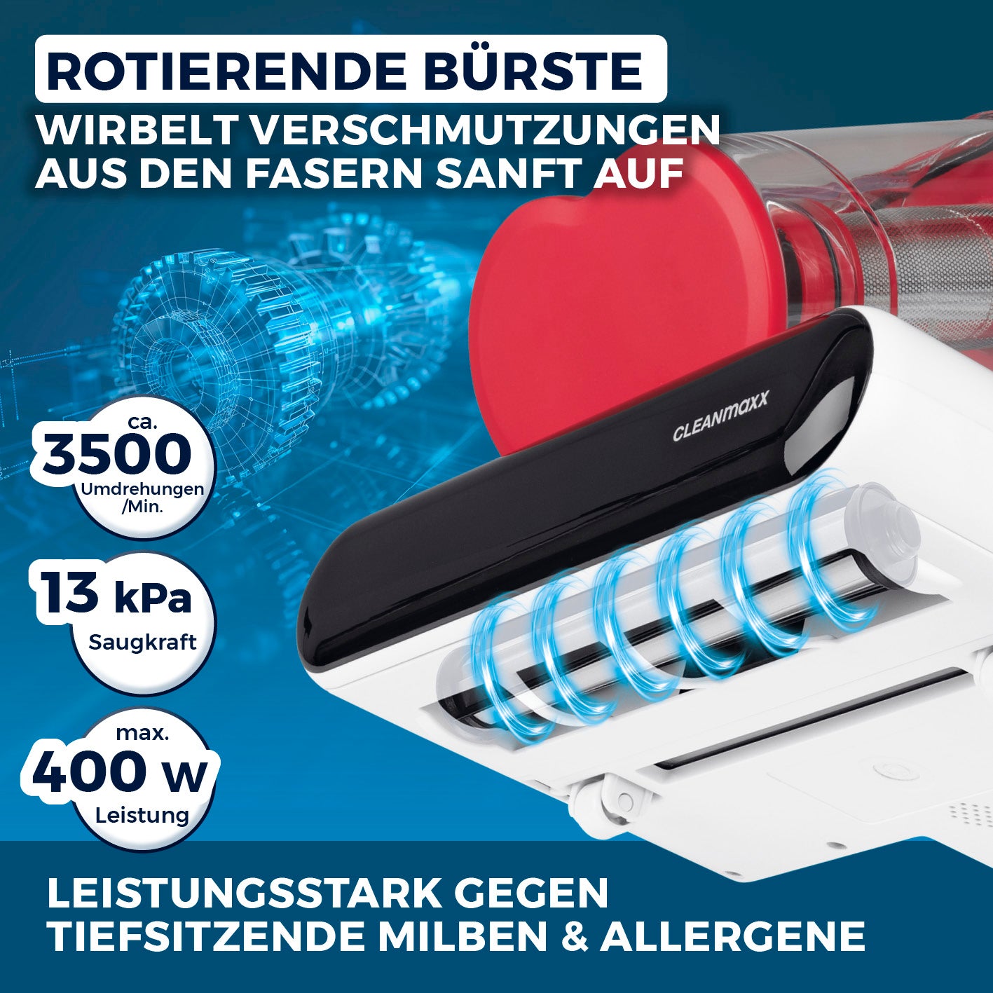 Milbensauger Rotation Rot/Weiß mit rotierender Bürste, 3500 U/min, 13 kPa Saugleistung gegen Milben und Allergene.