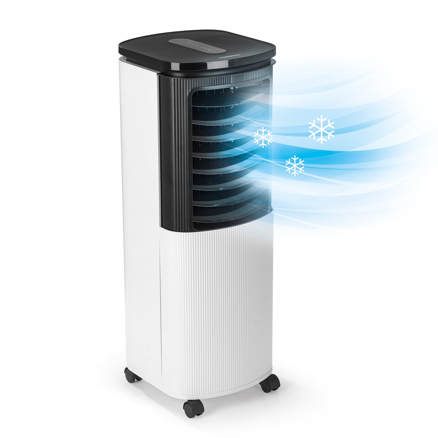 Luftkühler mit Peltier-Element mit 4 Geschwindigkeitsstufen, Kühlakkus, LED-Touch-Display und Fernbedienung für erfrischende Luft.