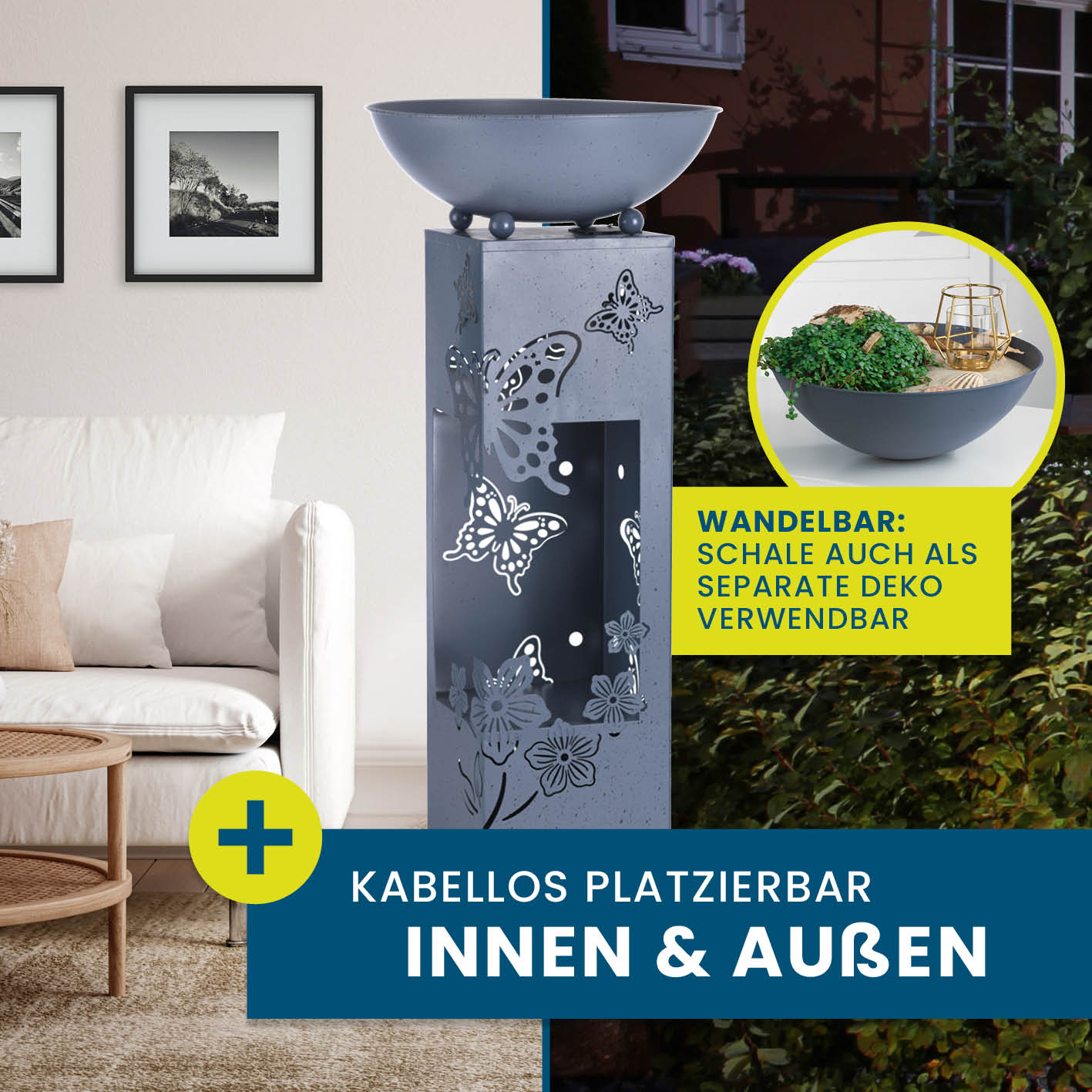 LED Pflanzsäule in 3D Beton-Optik mit Schmetterling-Design, LED-Beleuchtung, abnehmbarer Pflanzschale, kabellos innen & außen nutzbar.