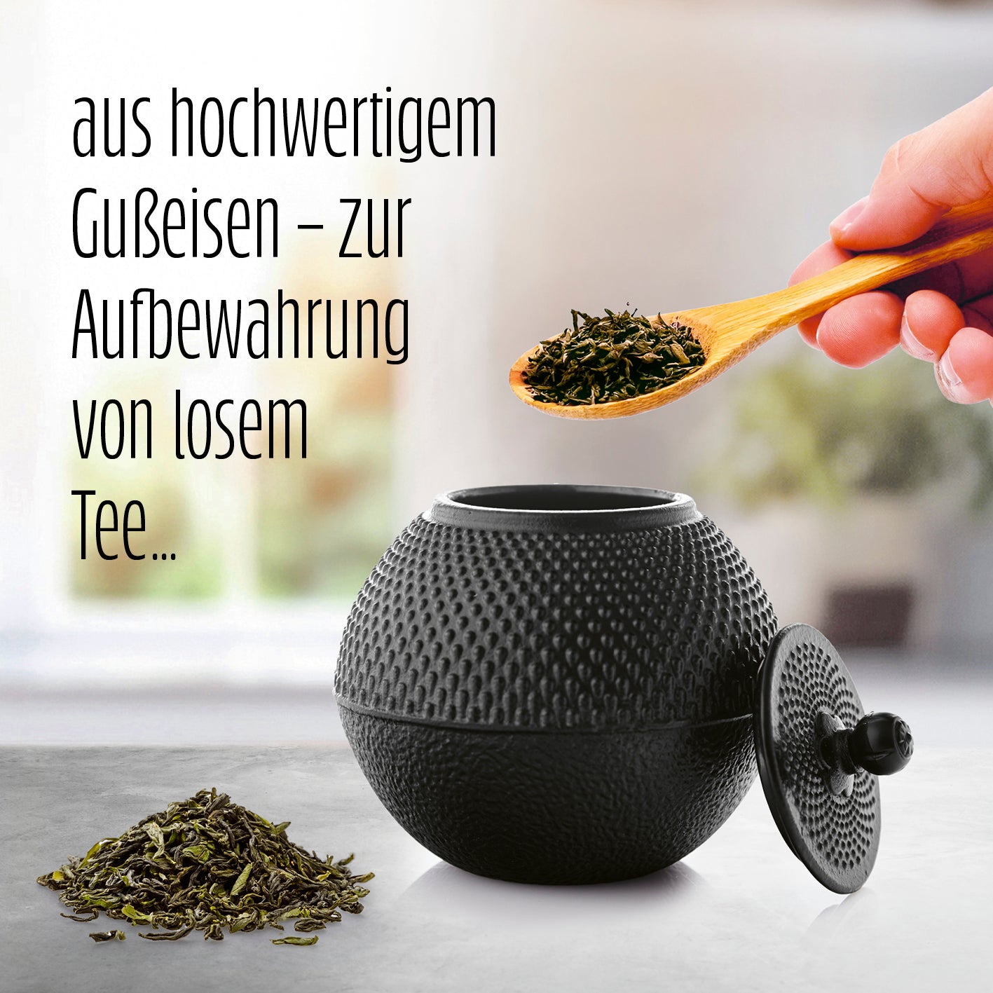 Teedose aus Gusseisen - Aufbewahrungsbox für Tee - 750 ml - Schwarz zur aromatischen Aufbewahrung von losem Tee aus hochwertigem Gusseisen.