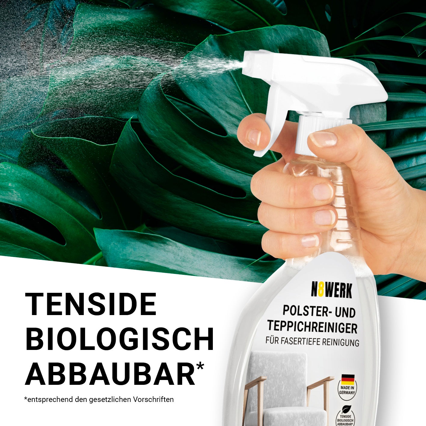 Polster- und Teppichreiniger mit biologisch abbaubaren Tensiden, made in Germany, für effektive Polster- und Teppichreinigung.