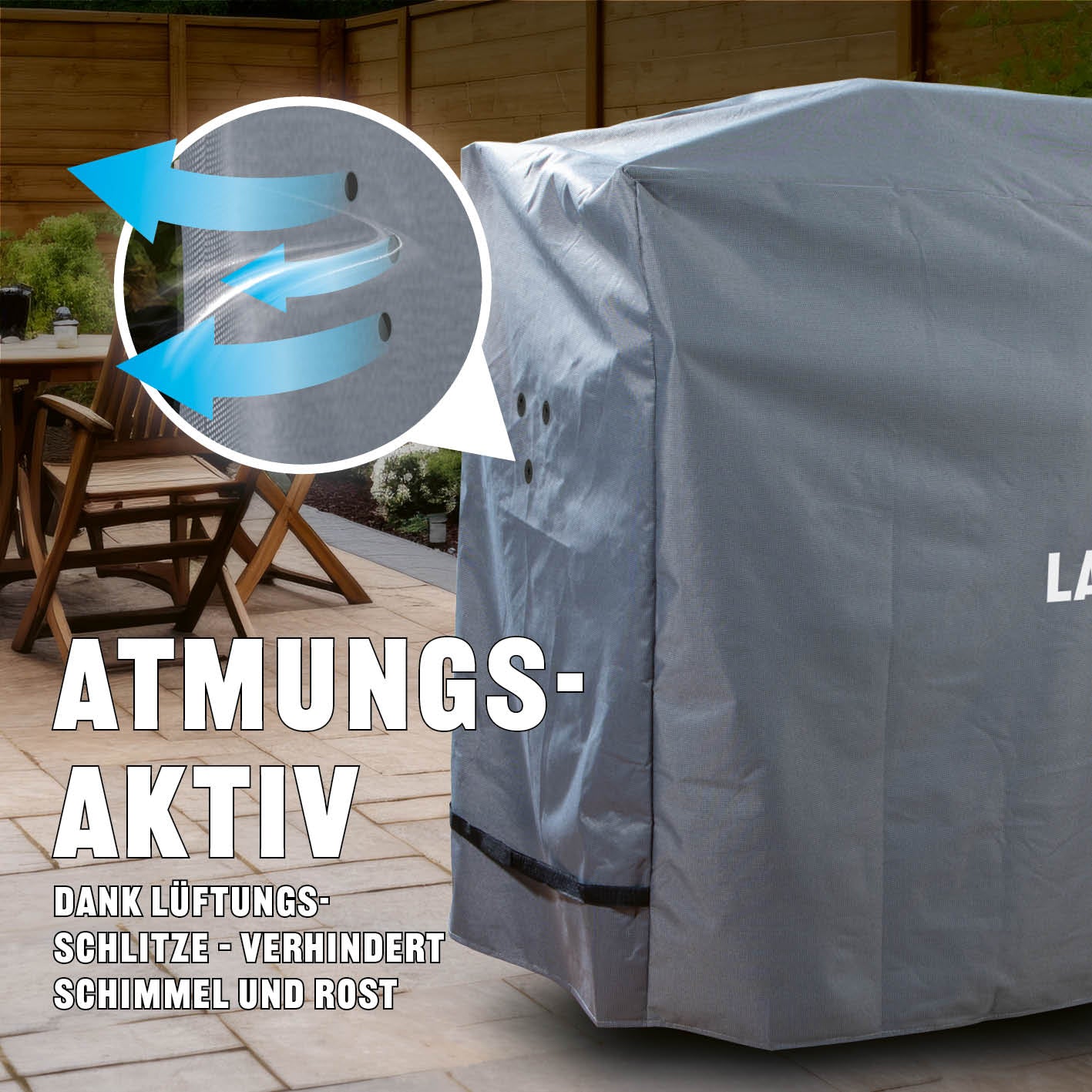 Premium Wetterschutzhaube - 62 x 148 x 120 cm, atmungsaktiv mit Lüftungsschlitzen, schützt vor Schimmel und Rost.