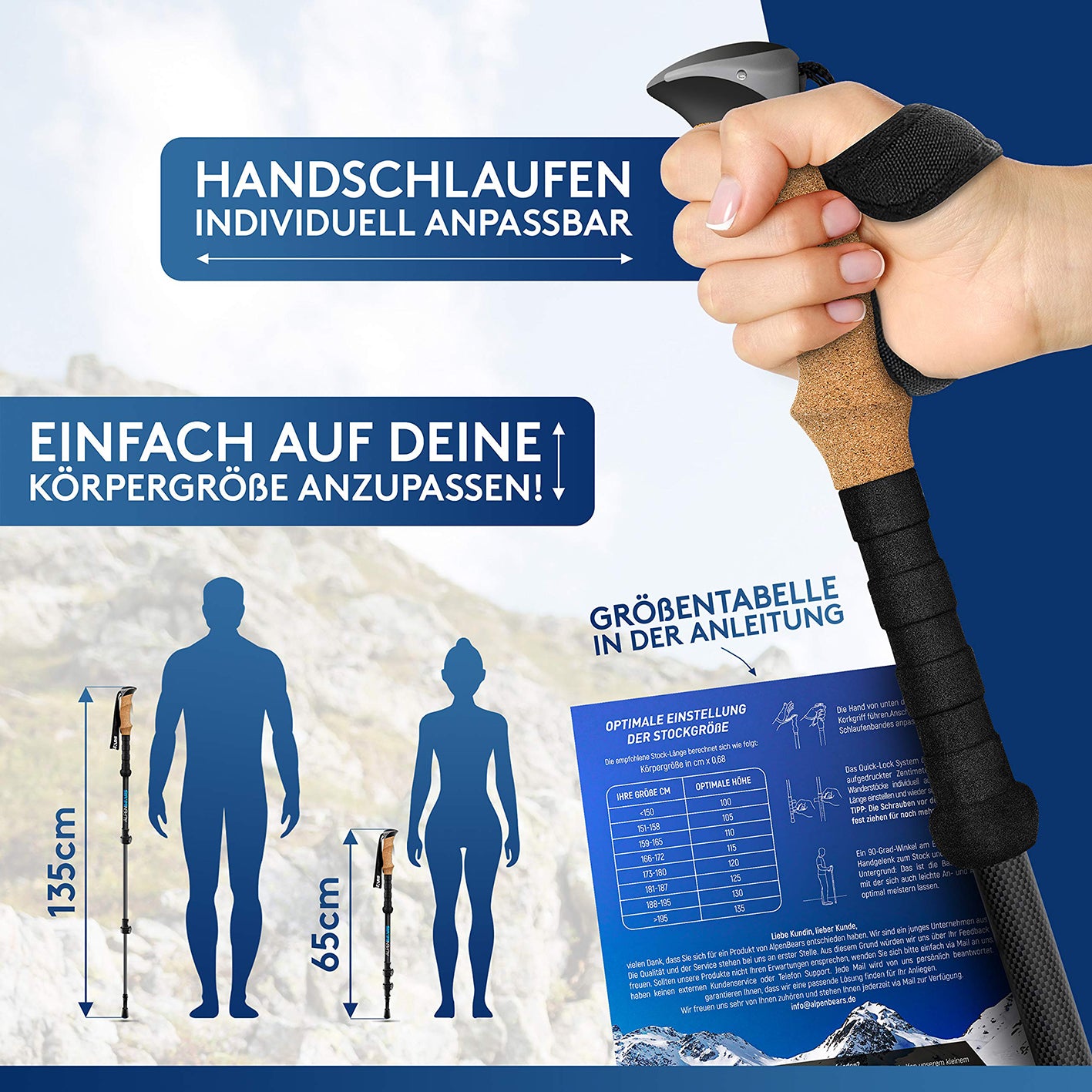 Teleskop Wanderstöcke mit Gummipuffer Set - Carbon mit verstellbaren Handschlaufen und Längen von 65 bis 135 cm für optimale Anpassung