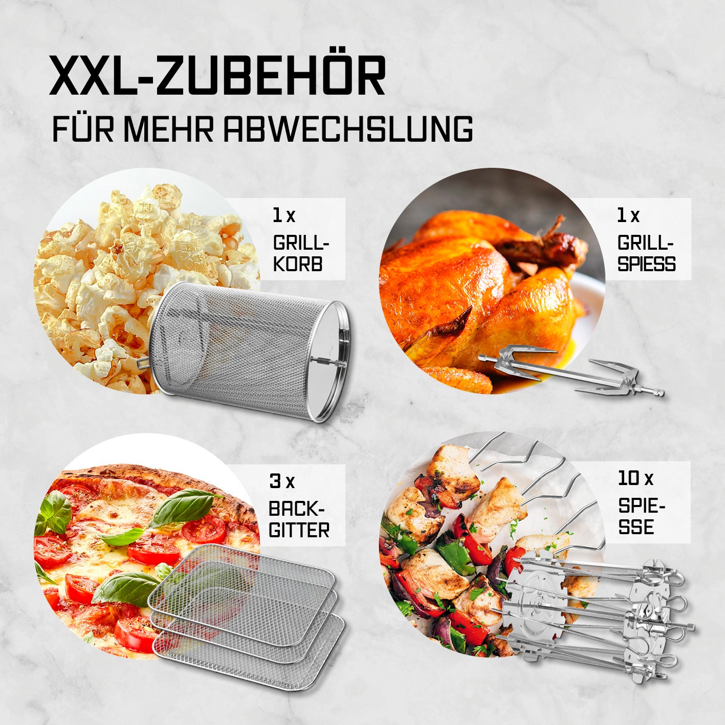 Heißluftofen mit Panoramadach und Frontfenster - 12,5 l mit XXL-Zubehör: Grillkorb, Grillspieß, Backgitter und Spieße für vielseitiges Grillen.
