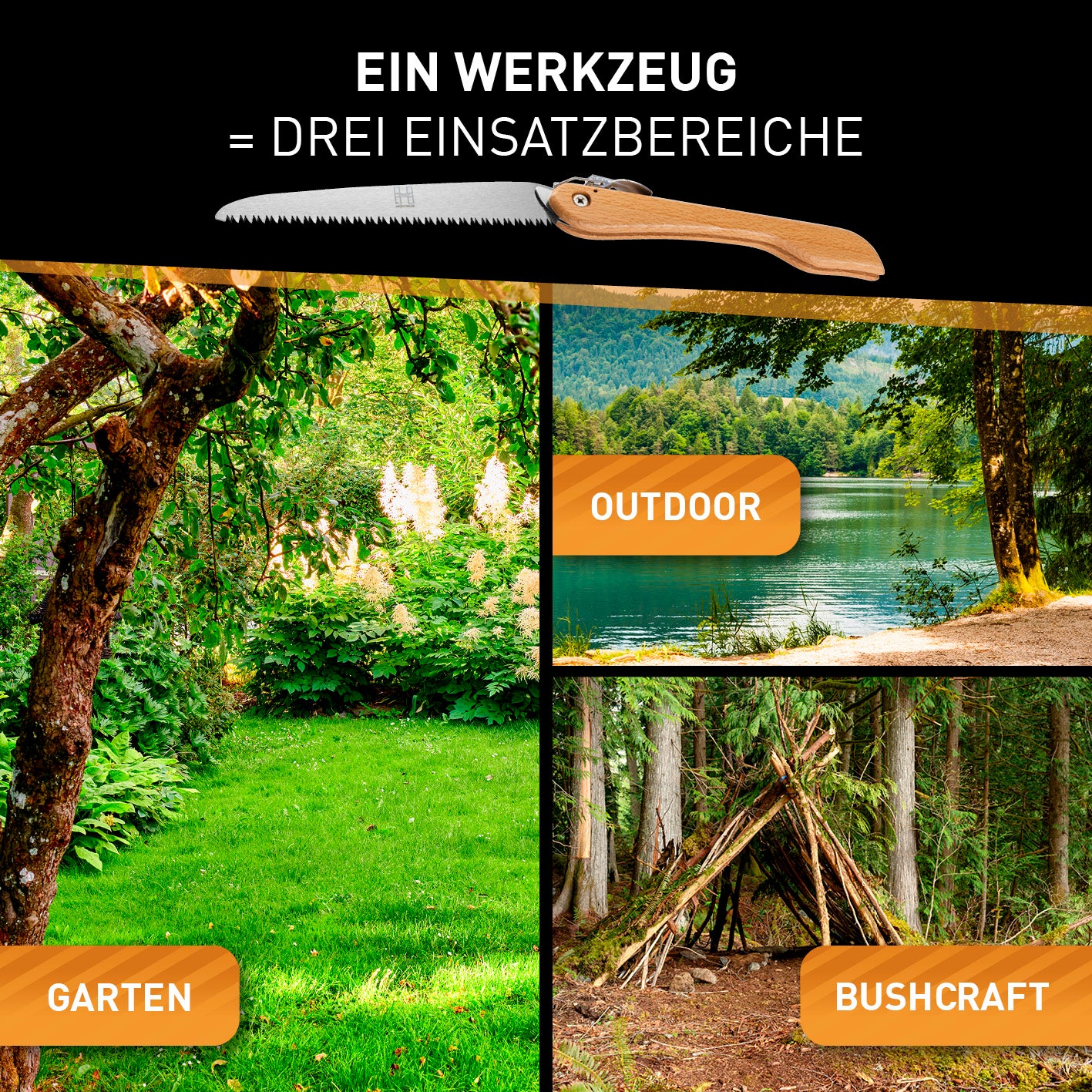 Klappbare Handsäge aus Karbonstahl - 21 cm, vielseitig für Garten, Outdoor und Bushcraft, mit Safety Lock und präzisen Schnitten.