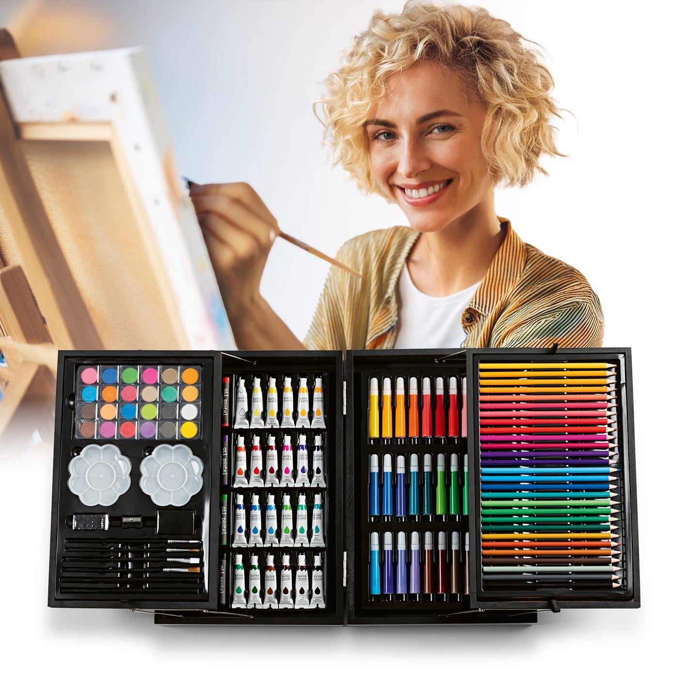 Mal- und Zeichenkoffer - 145-tlg. zeigt umfangreiches Kunstset mit Farben, Pinseln, Stiften und Zubehör in praktischem Koffer.