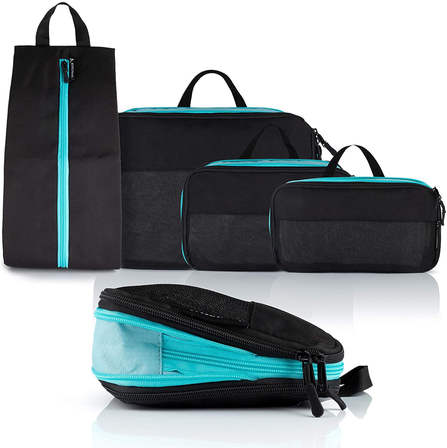 Kompressions-Packwürfel-Set / 4er-Set - Schwarz-Türkis, mit Schmutzwäschefach, Kompression und langlebigem Nylon für Reisen.