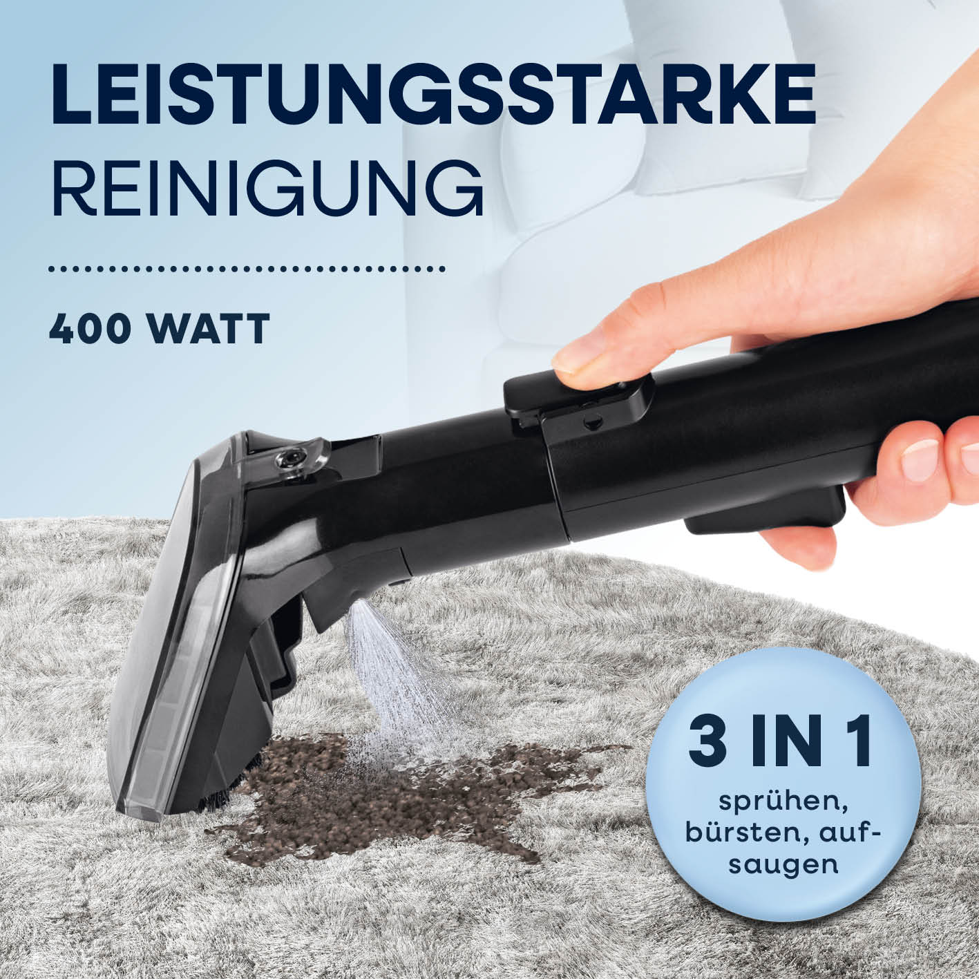 Polster- & Teppichreiniger Pro mit 400 Watt, 3in1 Funktion sprühen, bürsten, saugen für gründliche Teppich- und Polsterreinigung.