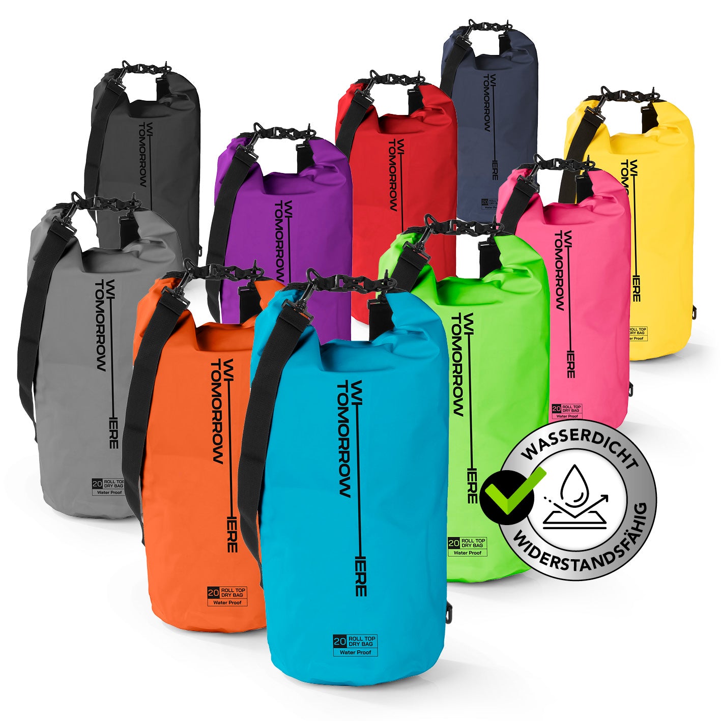 Dry Bag 20L - Style 02 - Himmelblau, wasserdichter, robuster Outdoor-Rucksack mit verstellbarem Schultergurt und Rolltop-Verschluss.