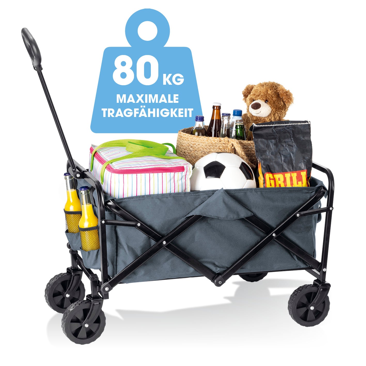 Klapp-Bollerwagen mit robustem Stahlrahmen, 80 kg Tragfähigkeit, 360°-Drehgelenken und praktischem Griff zum einfachen Ausklappen.