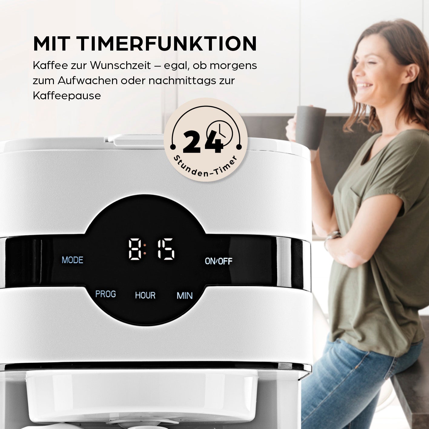 Filterkaffeemaschine Touch Iso - weiß mit Timerfunktion und LED-Touchdisplay für individuellen Kaffeegenuss.