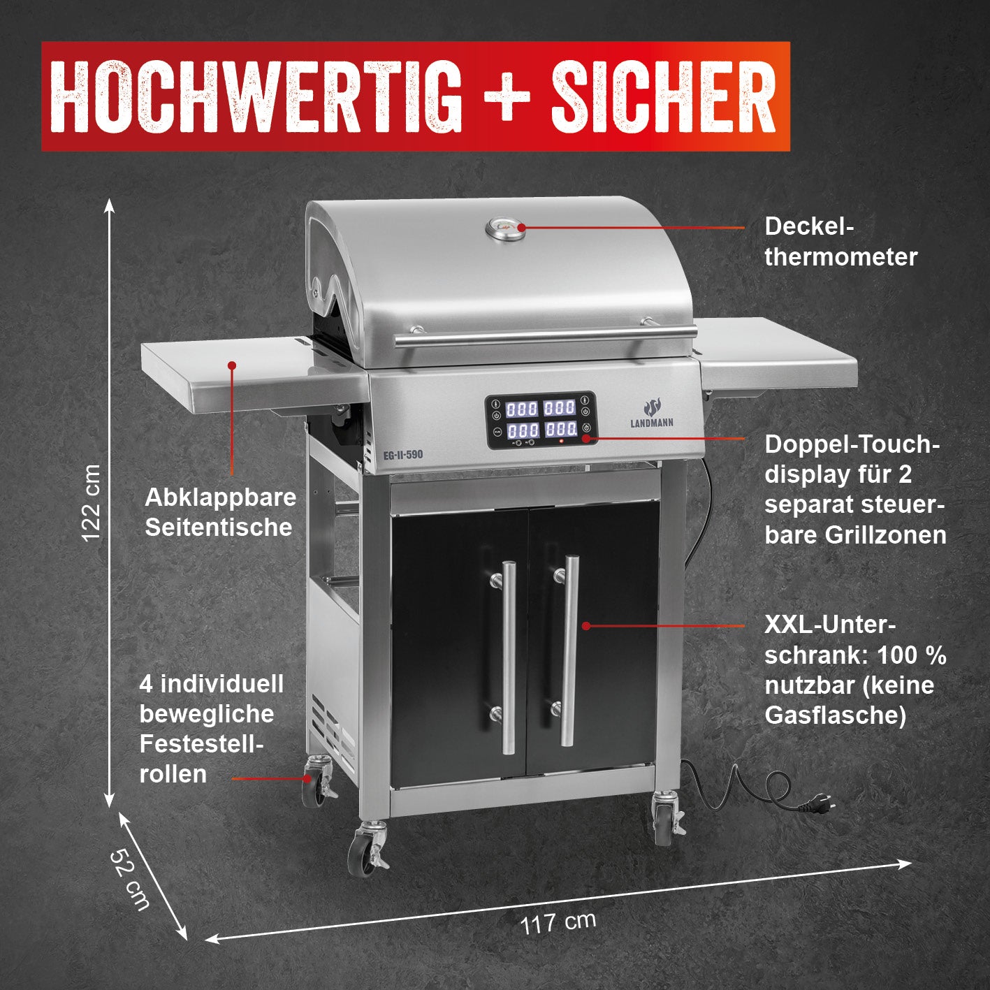 VOLTRIS Elektro-Grillwagen - Edelstahl mit 2 Grillzonen, Touchdisplay, Deckelthermometer und abklappbaren Seitentischen, 6 Personen.