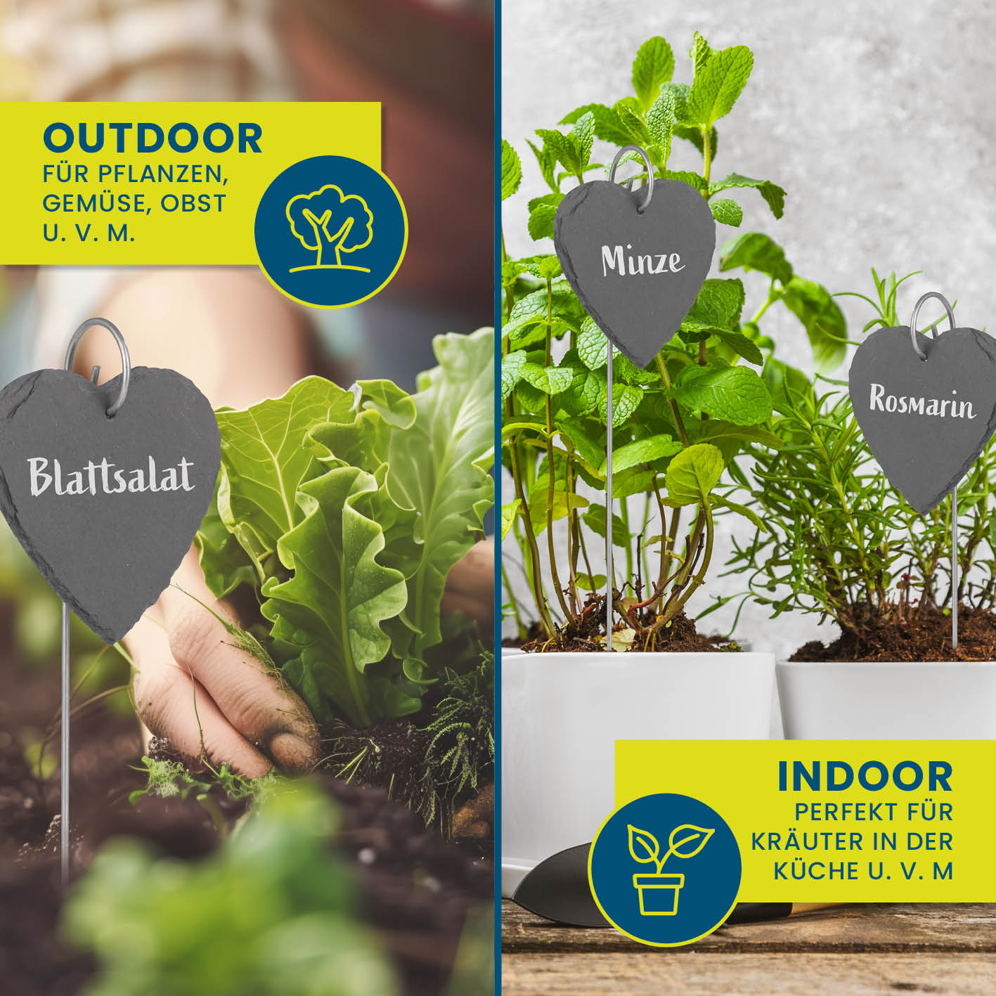 Schiefer-Pflanzschilder "Herz-Form" 10er Set mit wetterfesten Erdspießen zum Beschriften von Pflanzen und Kräutern indoor und outdoor.