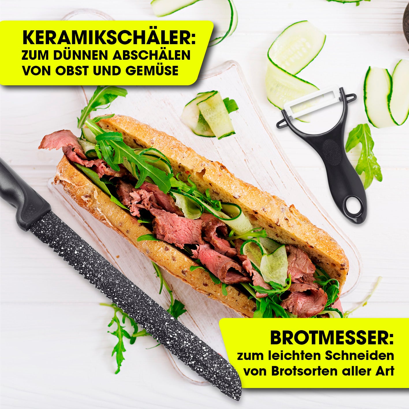 Messerset inkl. Sparschäler - 6-tlg. mit Brotmesser und Keramikschäler für Gemüse und Brot in modernem Design.