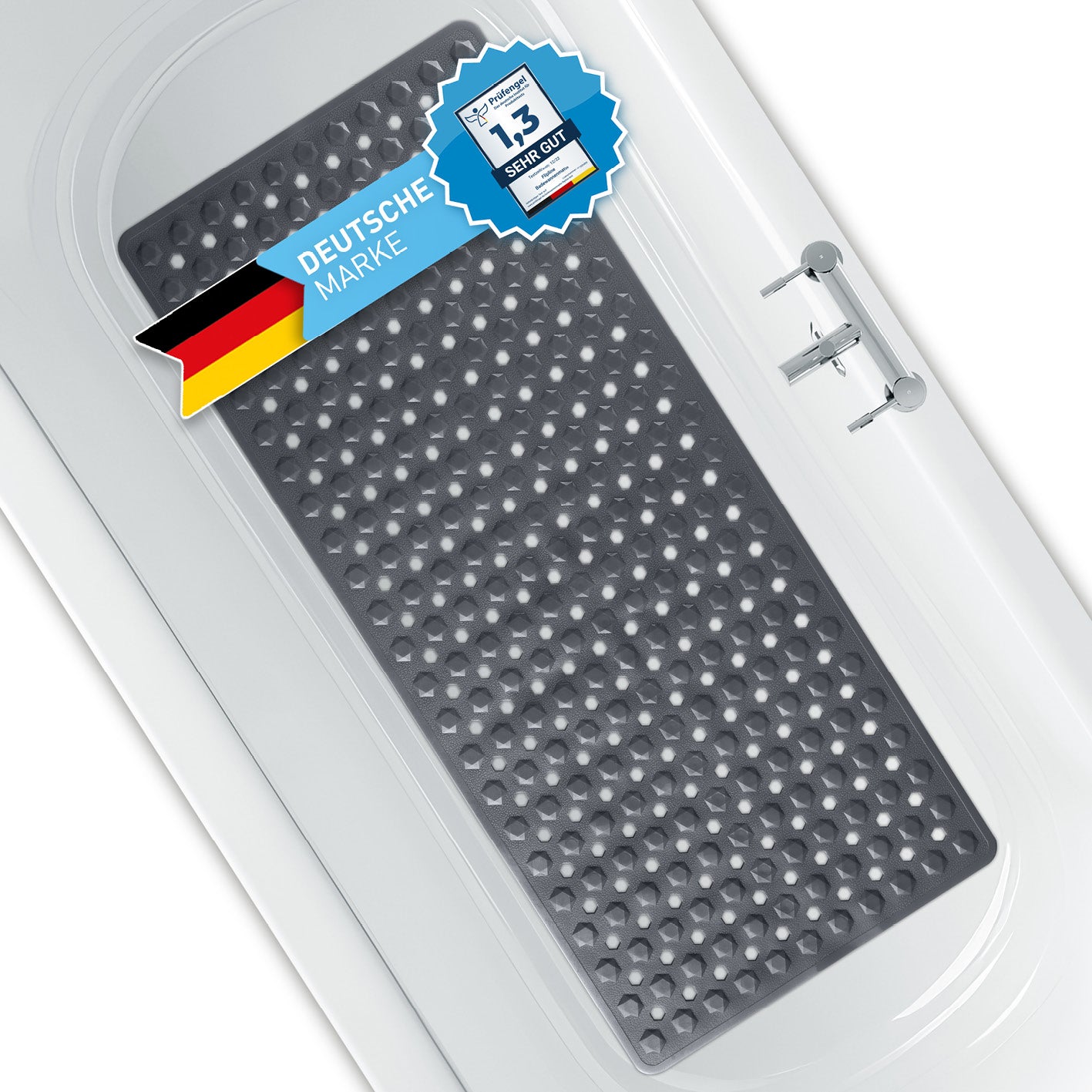 Badewannenmatte 88 x 40 cm – Dunkelgrau mit rutschfester Struktur und Saugnäpfen für sicheren Halt in der Badewanne.