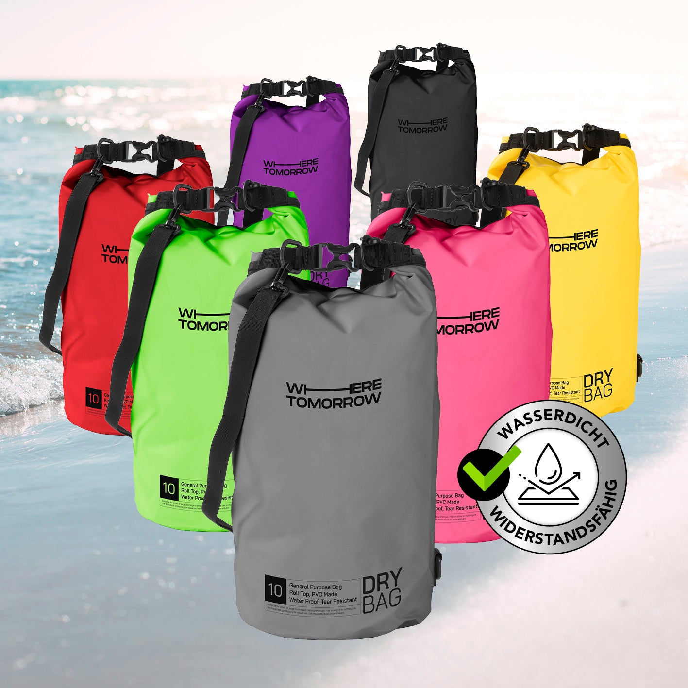 Dry Bag 10L - Style 01 - Grau wasserdichter, robuster Dry Bag mit verstellbarem Schultergurt und Rolltop-Verschluss für Outdoor-Abenteuer.