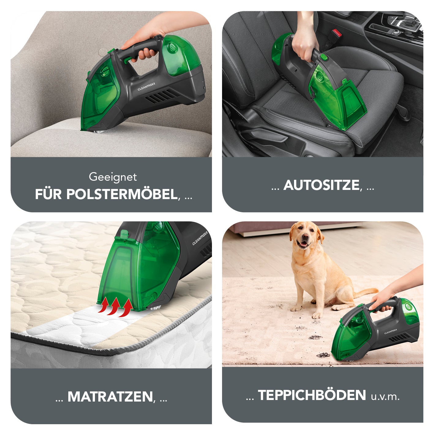 Polster- & Teppichreiniger - anthrazit/grün entfernt Flecken auf Polstermöbeln, Autositzen, Matratzen und Teppichböden kabellos und mobil.