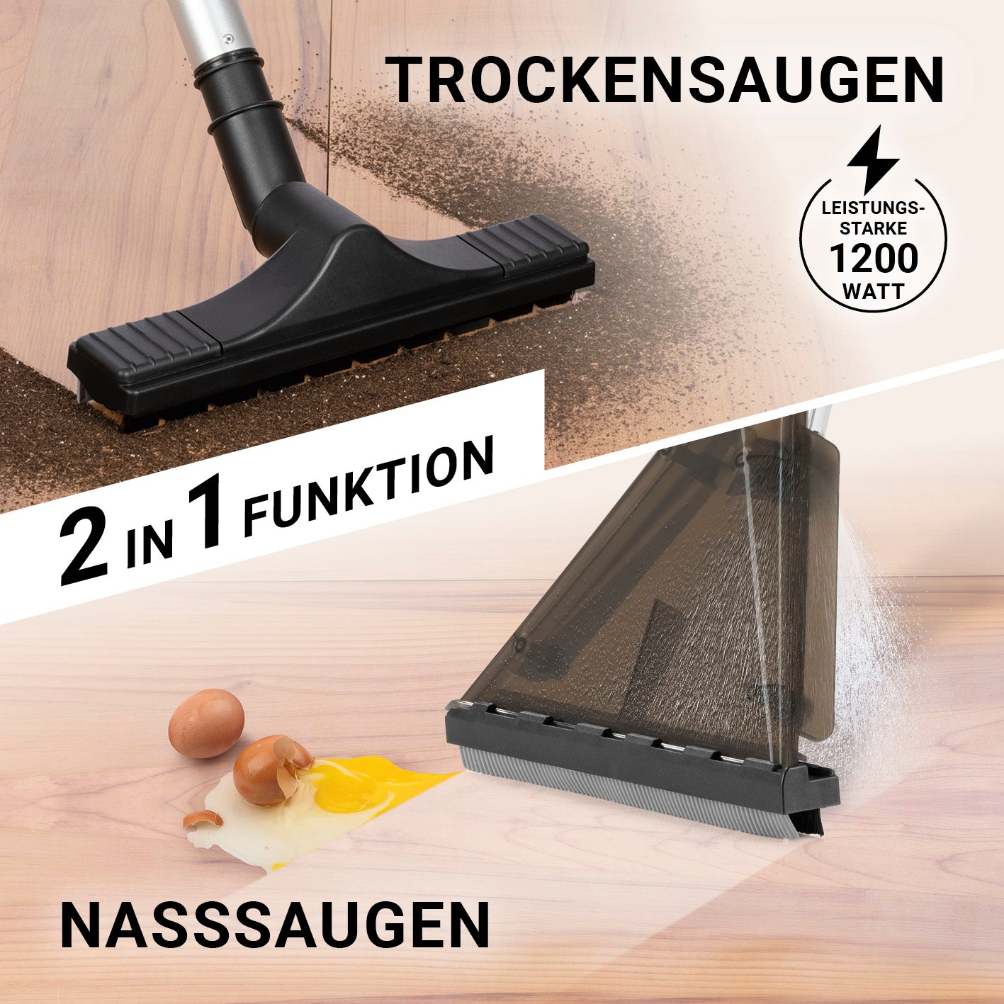 Sprüh- und Waschsauger Deep Clean mit 2-in-1 Funktion für Nass- und Trockensaugen auf Hartböden, 1200 Watt Leistung.