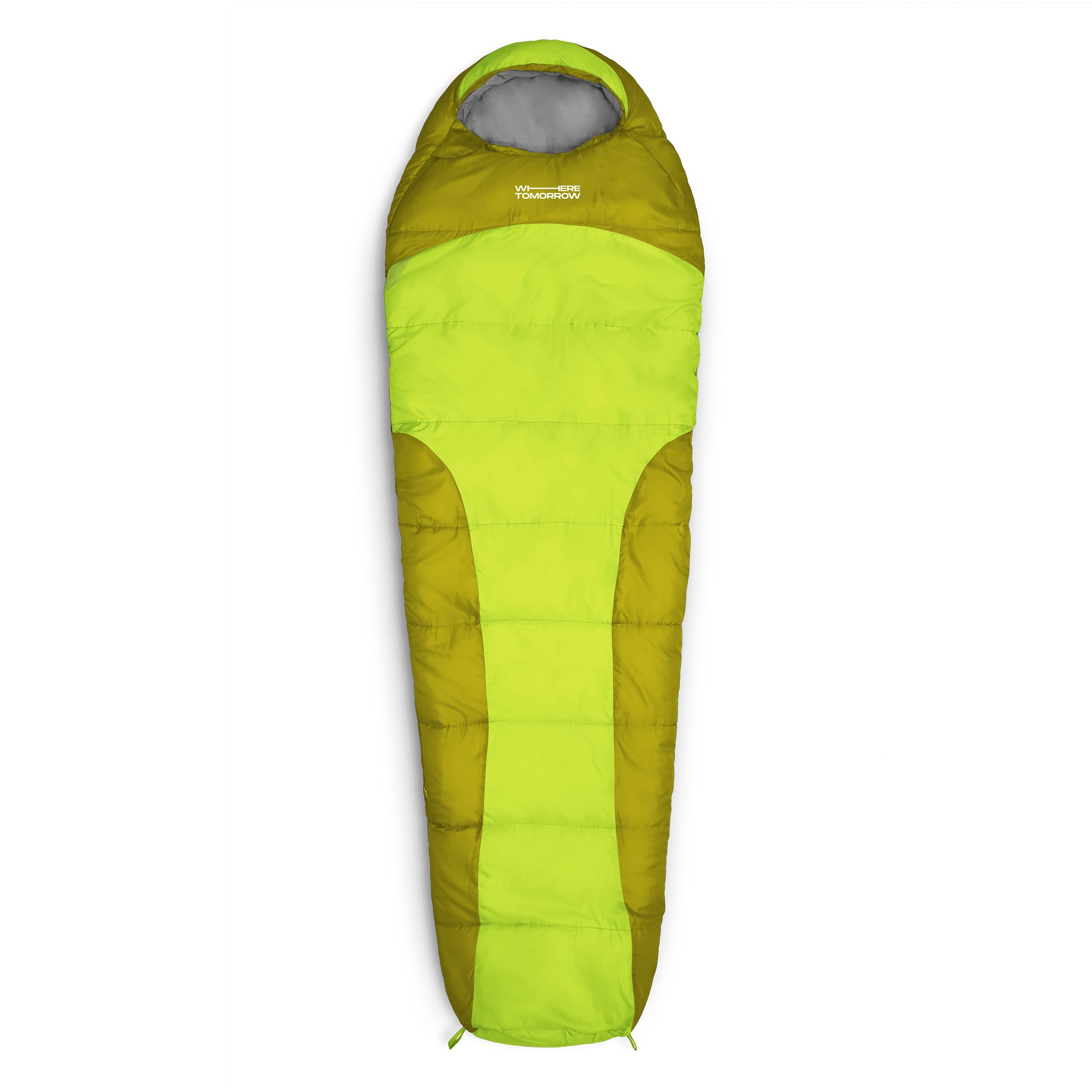 Camping Schlafsack Classic - Mumienschlafsack in Oliv-Hellgrün, wasserabweisend, mit Kapuze und praktischem Packsack, 230 x 80 x 55 cm.