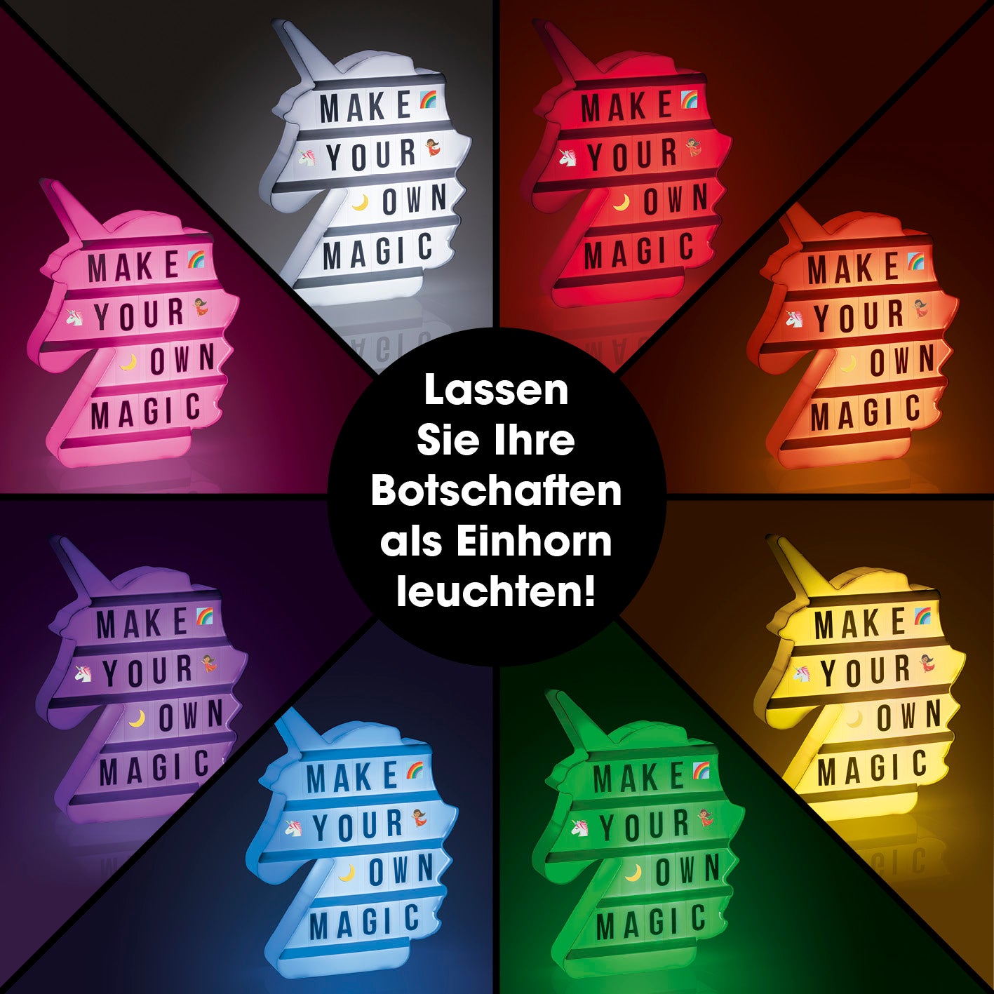 LED-Leuchtkasten Einhorn - 173 Buchstaben & 150 Moodjis in sieben Farben mit austauschbaren Buchstaben und Symbolen.