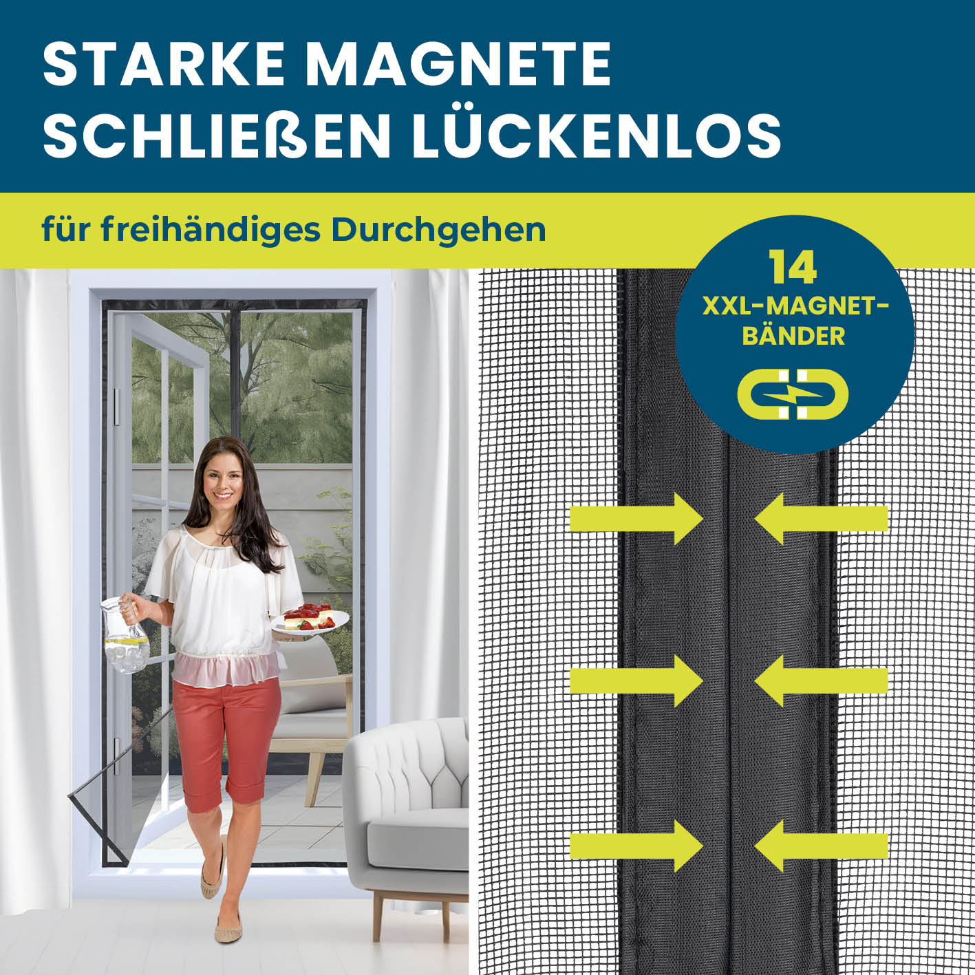 Insektenschutzvorhang - mit XXL-Magnetbändern - 90 x 210 cm, lückenlos schließend für insektenfreien Durchgang bei Balkon- oder Terrassentüren.