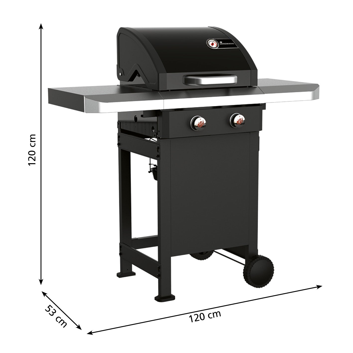 Gasgrill Rexon 2.0 mit 2 stufenlos einstellbaren Edelstahl-Brennern und emaillierten Grillrosten, Maße 120x53x120 cm.