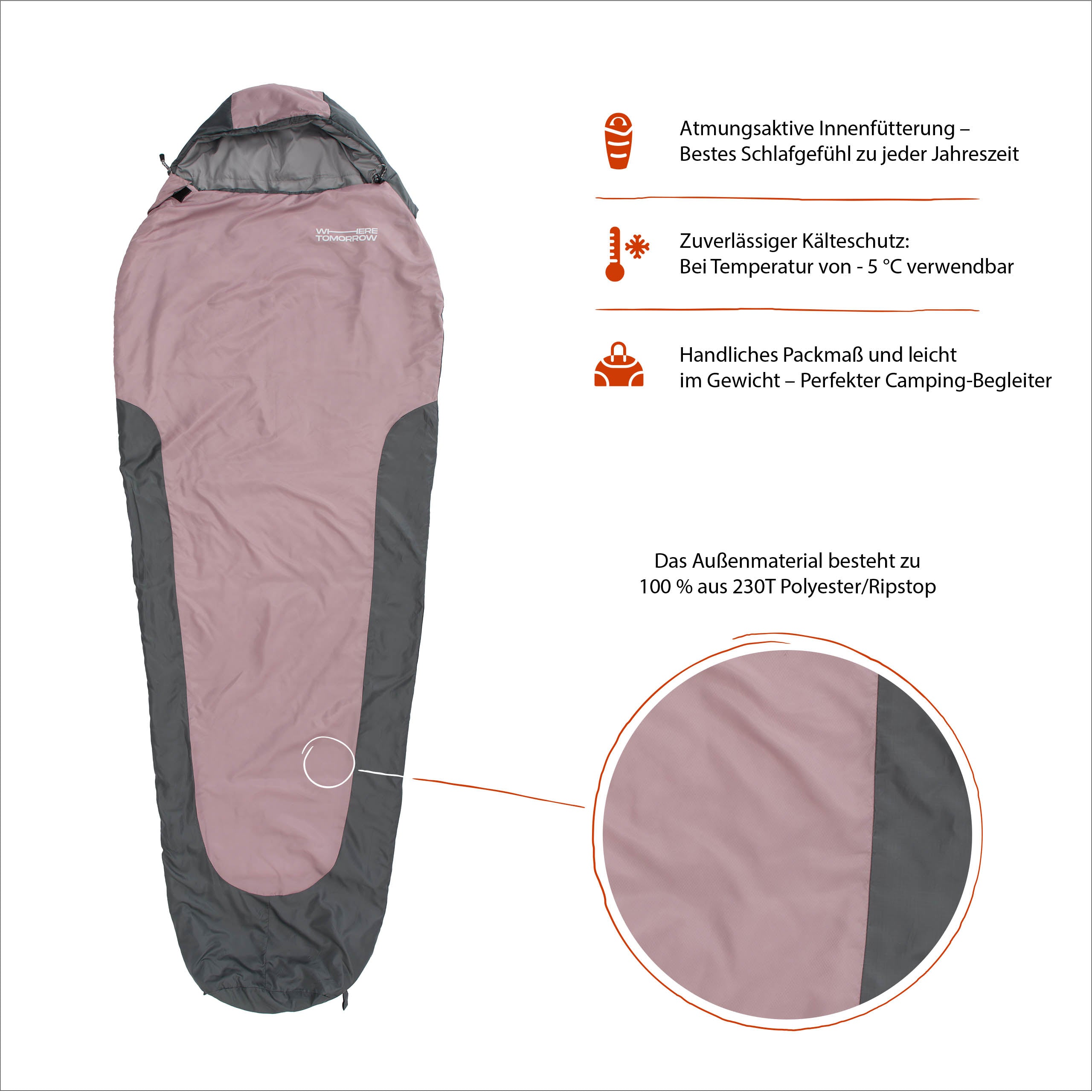 Camping Schlafsack Small & Light Mumienschlafsack mit wasserabweisendem Außenmaterial und atmungsaktiver Innenfütterung in Rose-Grau.
