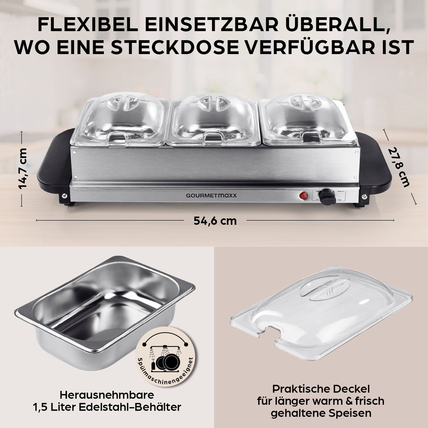 Buffetwärmer – 3 × 1,5 l aus Edelstahl mit abnehmbaren Behältern und praktischen Sichtdeckeln zur Warmhaltung von Speisen.