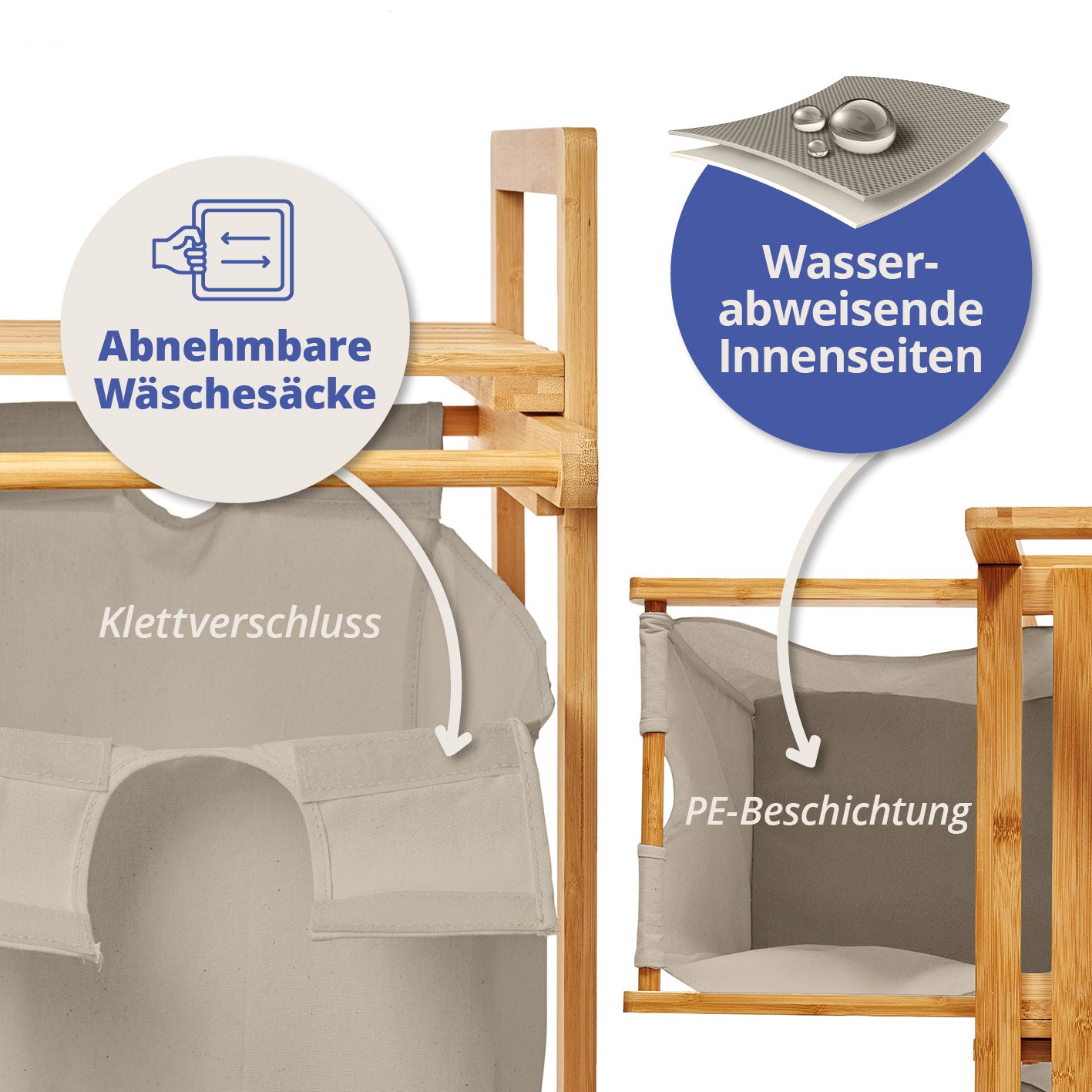 Bambus Wäschekorb mit 2 ausziehbaren Wäschesäcken, wasserabweisend, mit Klettverschluss, grau, 73 x 64 x 33 cm, stilvoll und pflegeleicht.
