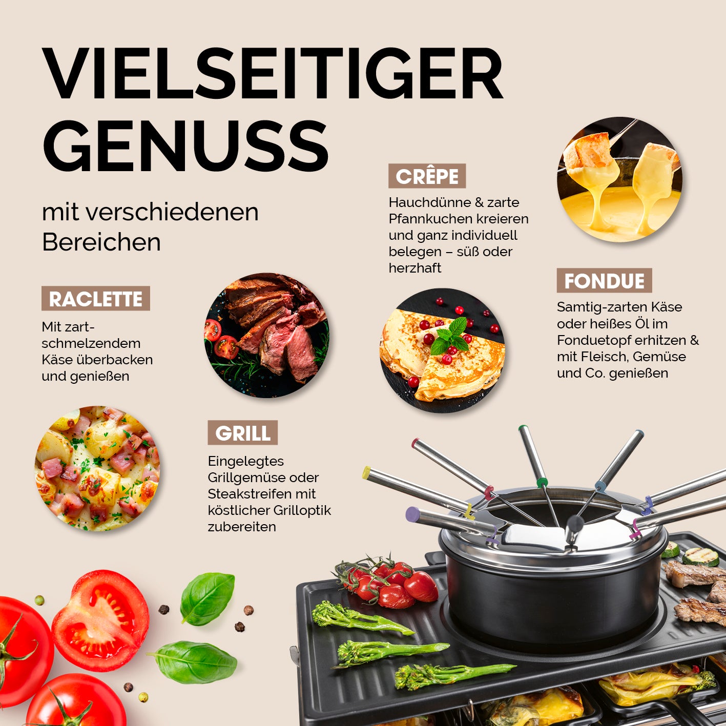 Raclette- und Fondue-Set - 8 Personen mit 4in1-Grill, Pfännchen, Fonduetopf und vielseitigen Kochbereichen für geselliges Essen.
